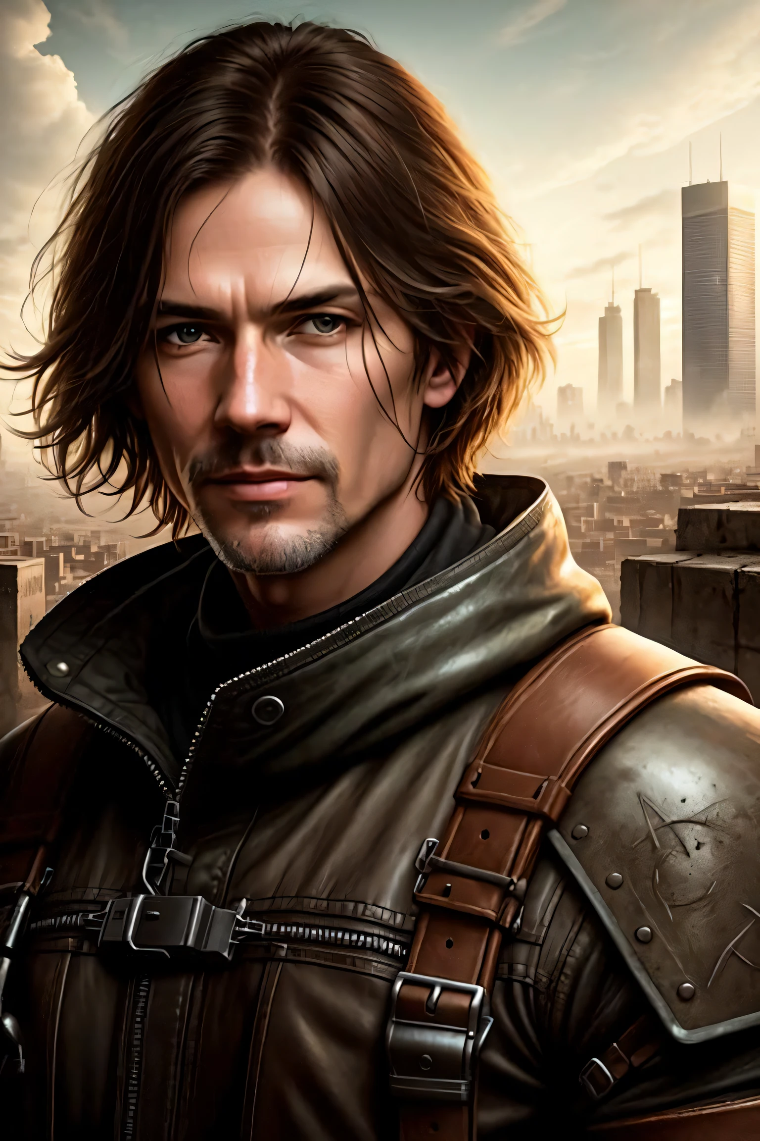 RAW photo, a close up portrait photo of brutal 63 y.o man in wastelander clothes, long haircut, pale skin, slim body, background is city ruins, (high detailed skin:1.2), 8k uhd, dslr, soft lighting, high quality, film grain, Fujifilm XT3