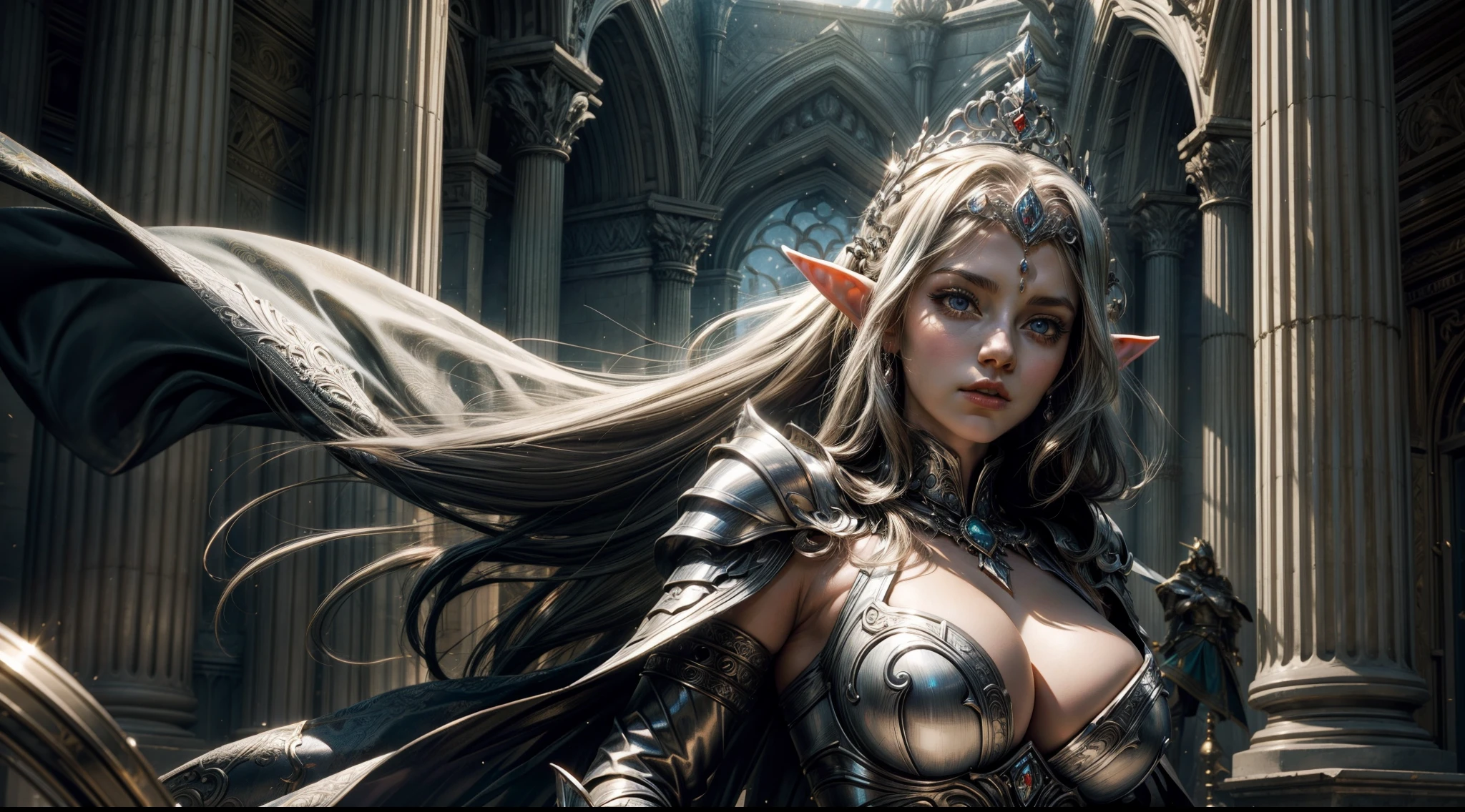 Female elf，Large breasts，Silver armor，tiara crown，dramatics，dynamicposes，The background is the palace，（Mid-range portrait：1.3），rays of sunshine，sceptre