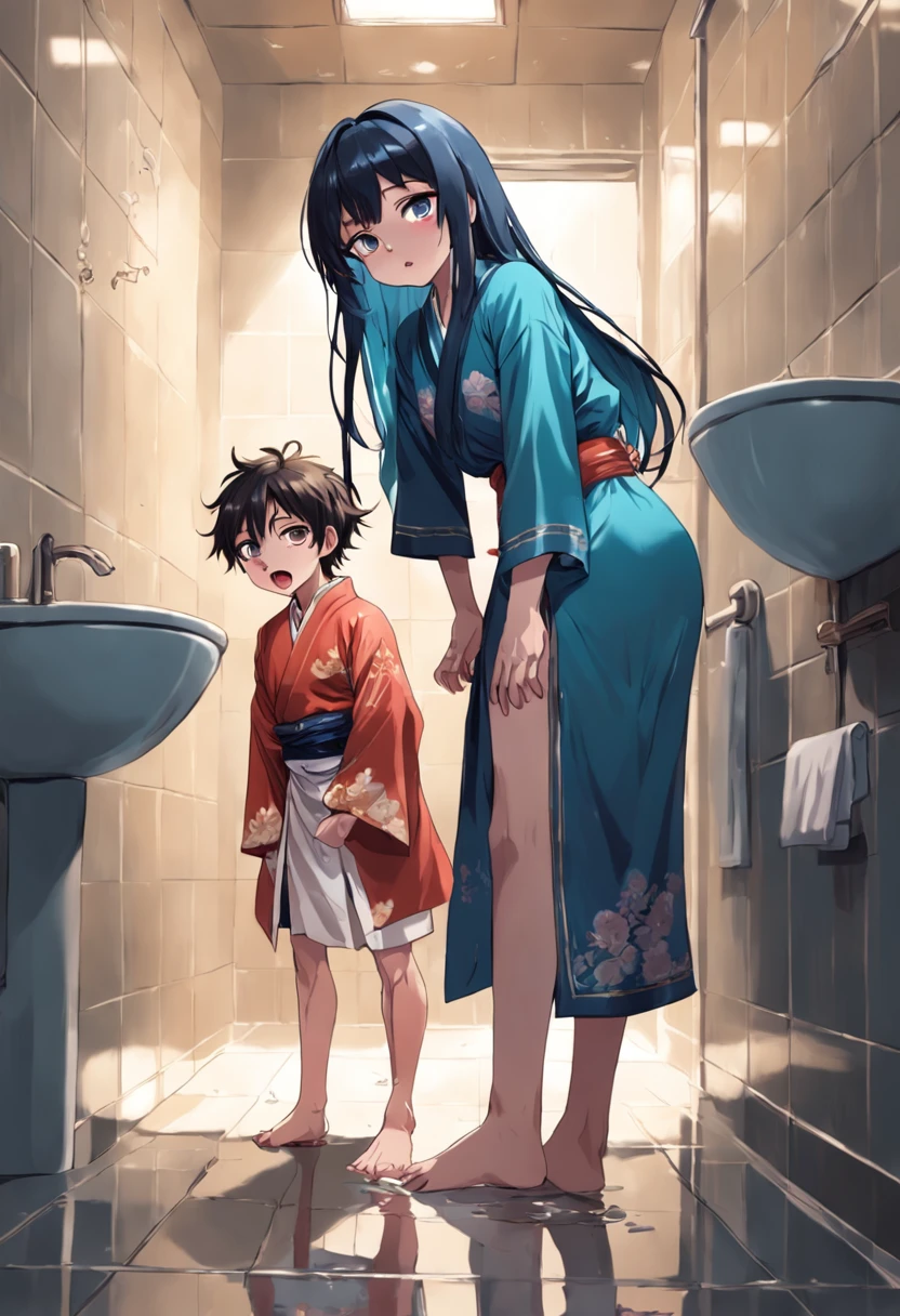 Masterpiece, top quality, 1 transvestite boy, lie, standing in front of the toilet, crying, tears, (adult woman watching 0:1) cross-dressing boy with long hair and kimono, one transvestite boy takes to the toilet, looks away, stands, embarrassed, blushes, mouth closed, street (transvestite boy is peeing): 0.4) puddles at his feet, legs are wet,