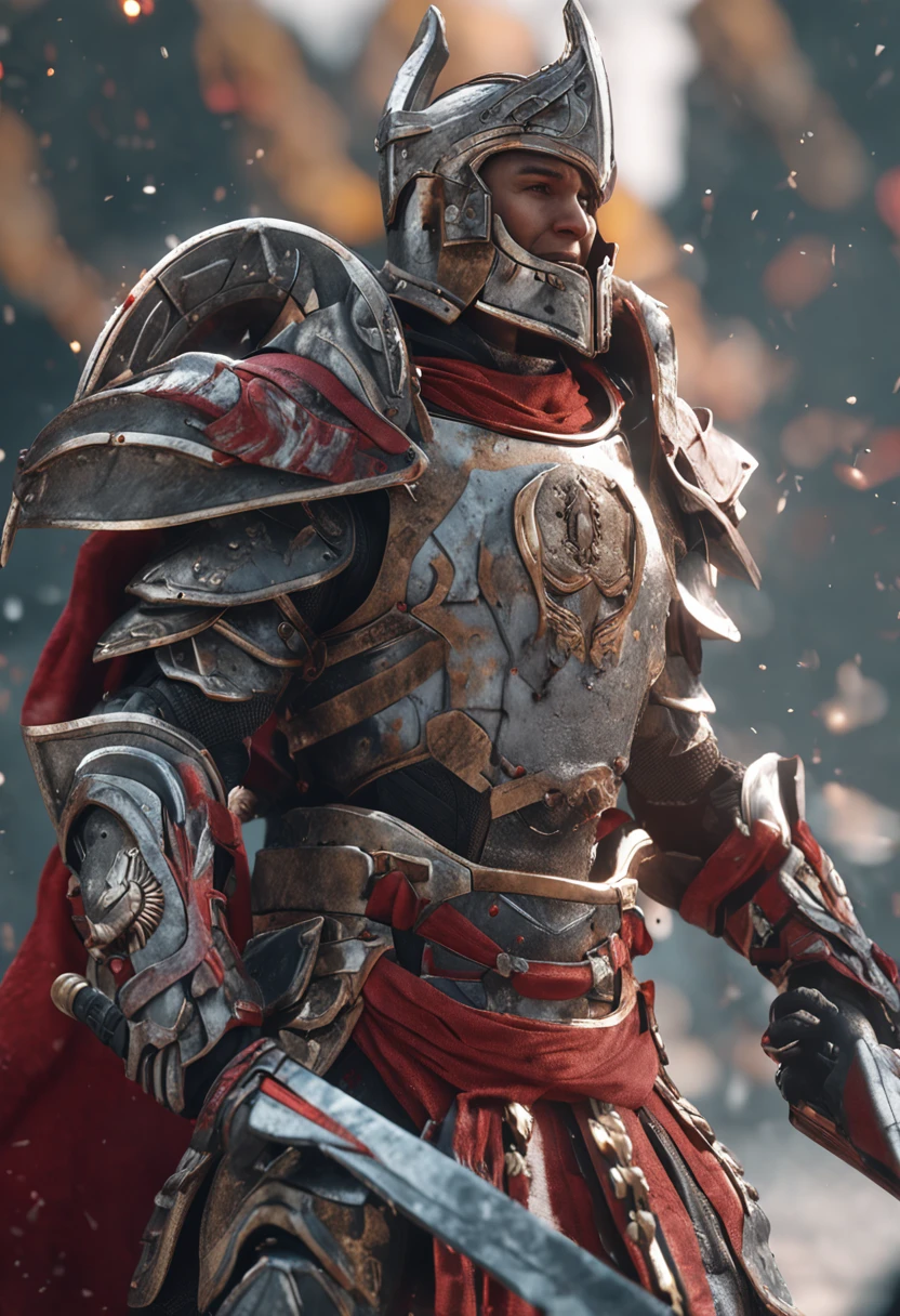 Junior Centurion Warrior, Red and gray armor, Men and women work together, Men and women side by side, cheerfulness, Female Warrior, ultra - detailed, 8K, Unreal Engine 5, celebrating, Beautiful anime style girl all over, clean detailed faces, underdressing, analogous colors, Glowing shadow, beautiful gradation, Depth of field, Clean image, Football field setting, High quality, High detail, High definition, Luminous Studio graphics engine, Cute face, Heroic, sword, victory, full bodyesbian, Extremely detailed face, Bright eyes, Beautiful girl, fantasy, complimentary colours, insanely detailed and intricate, Ultra photo realsisim, Super detailed, Ultra HD, Vivid, Low angle