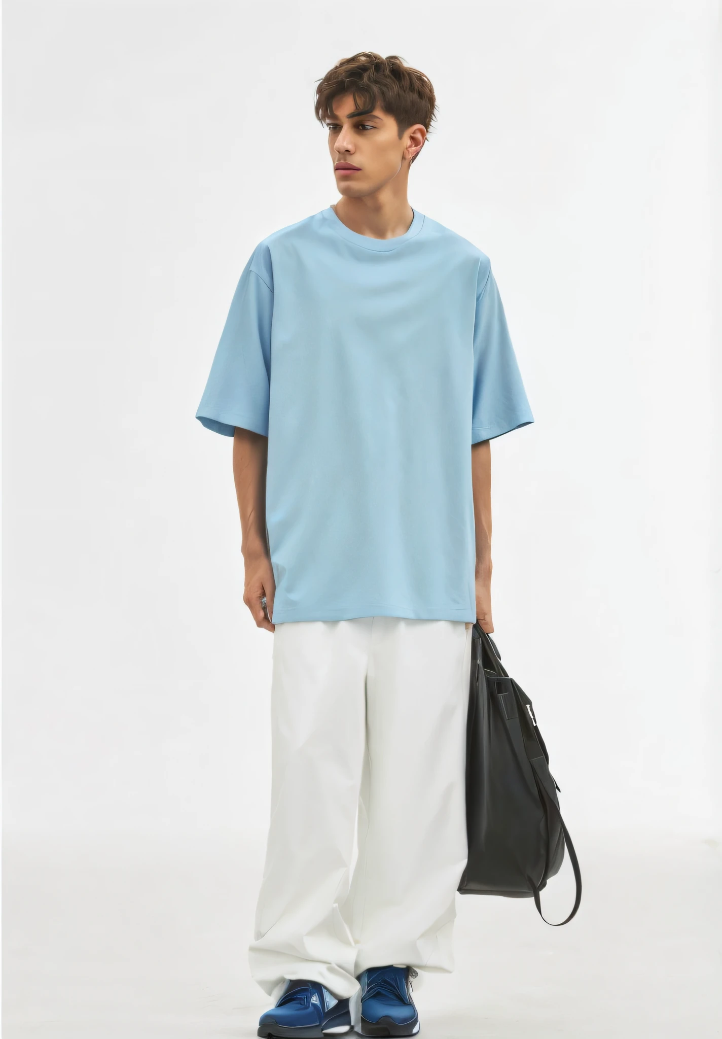 A man in a blue shirt and white pants holds a black bag, uniform off - white sky, Casual clothing, modern casual clothing, casual modern clothing, casual streetwear, Issey Miyake, trending on r/techwear outfit, t-top, baggy, 2 0 2 0 fashion, trending on r/Street attire, sea - green and white clothes