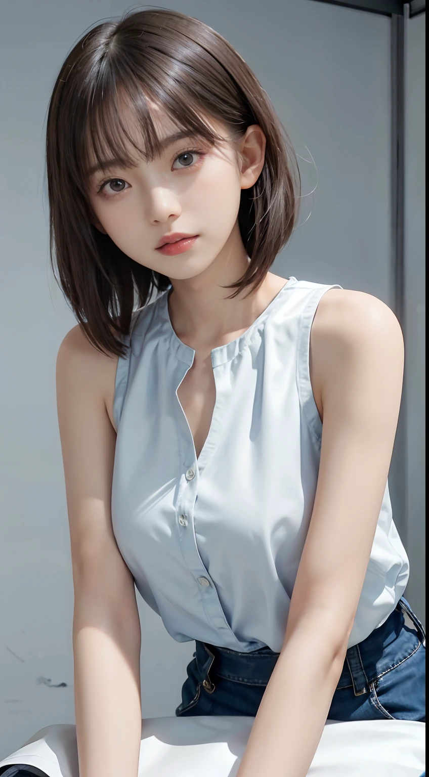 Masterpiece, 1 Beautiful Girl, Detailed Eyes, Swollen Eyes, Top Quality, Ultra High Resolution, (Reality: 1.4), Original Photo, 1Girl, Cinematic Lighting, Japanese, Asian Beauty, Korean, Very Beautiful, Beautiful Skin, Slender, Body Facing Front, (Ultra Realistic), (High Resolution), (8 K), (very detailed), (best illustration), (beautifully detailed eyes), (super detailed), detailed face, looking at viewer, facing straight ahead, neat clothes, sleeveless, short hair, black hair, 46 point slanted bangs, white background, neat room,