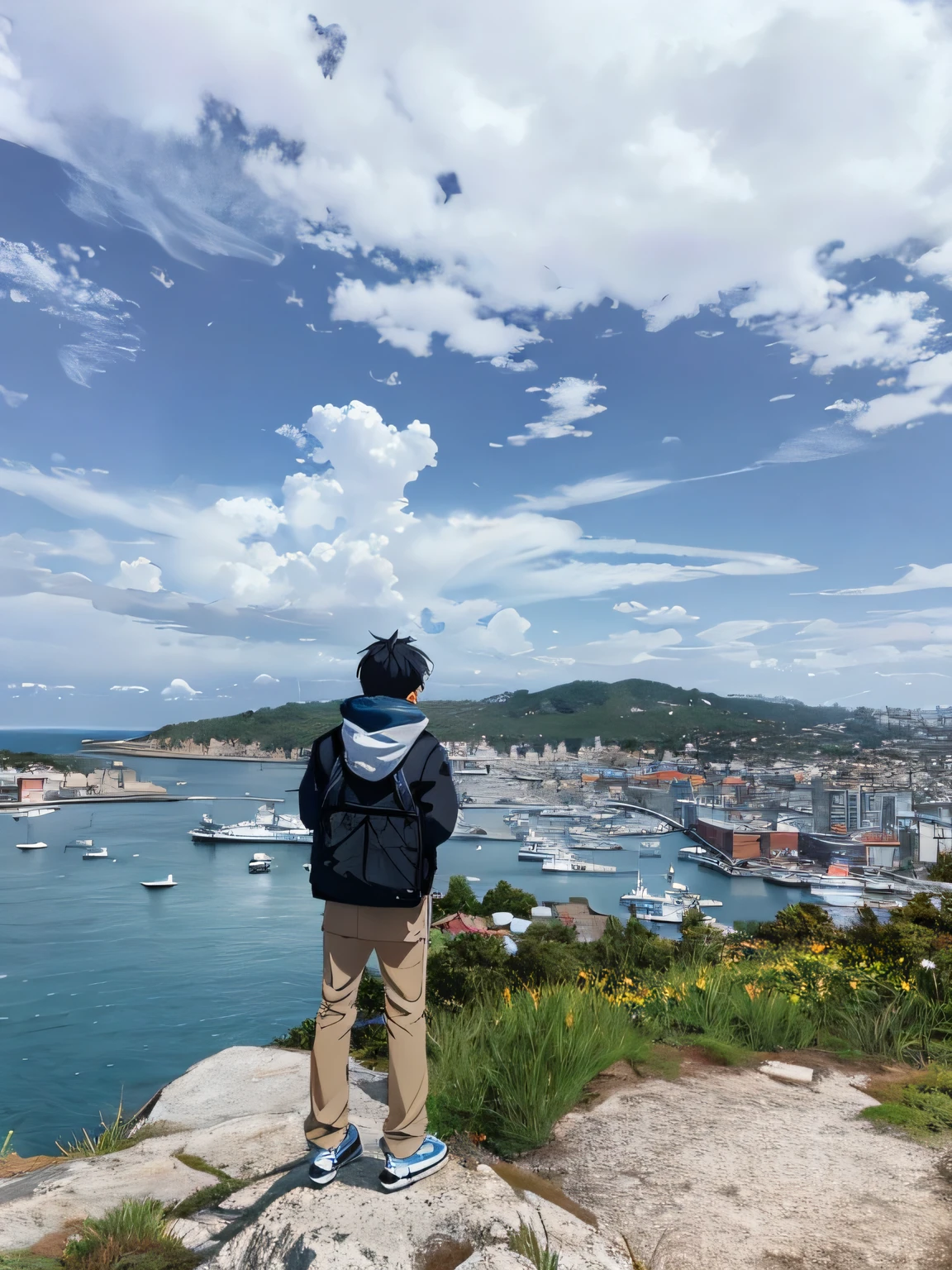 there is a boy standing on a rock overlooking a harbor, view from the top, harbour in background, gazing off into the horizon, looking onto the horizon, dramatic view, looking towards the horizon, looking away from the camera, looking into the horizon, surrounding the city, rocky foreground, looking at the ocean, amazing view, tourist photo, great view, looking over city, anime style