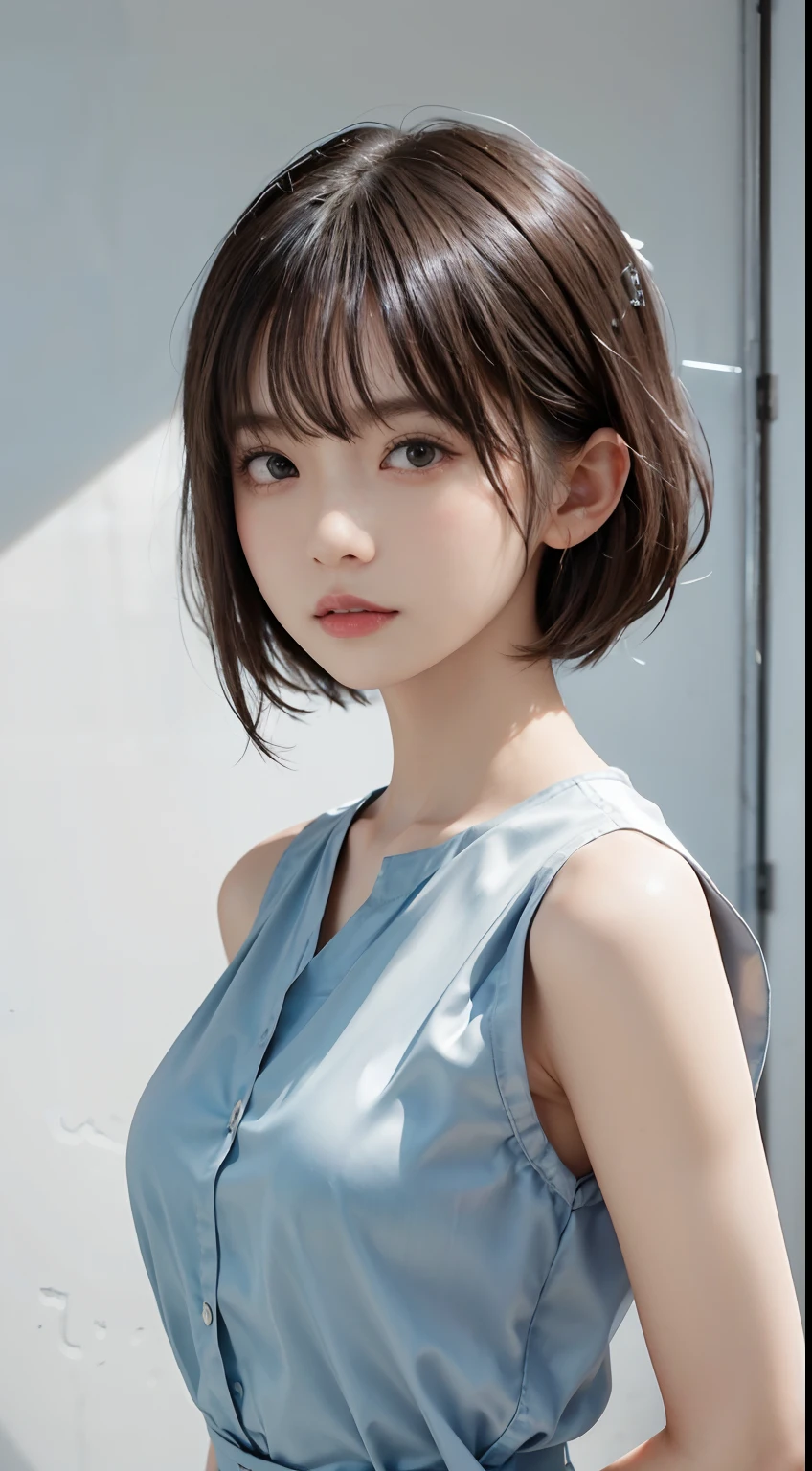 Masterpiece, 1 Beautiful Girl, Detailed Eyes, Swollen Eyes, Top Quality, Ultra High Resolution, (Reality: 1.4), Original Photo, 1Girl, Cinematic Lighting, Japanese, Asian Beauty, Korean, Very Beautiful, Beautiful Skin, Slender, Body Facing Front, (Ultra Realistic), (High Resolution), (8 K), (very detailed), (best illustration), (beautifully detailed eyes), (super detailed), detailed face, looking at viewer, facing straight ahead, neat clothes, sleeveless, short hair, black hair, 46 point slanted bangs, white background, neat room,