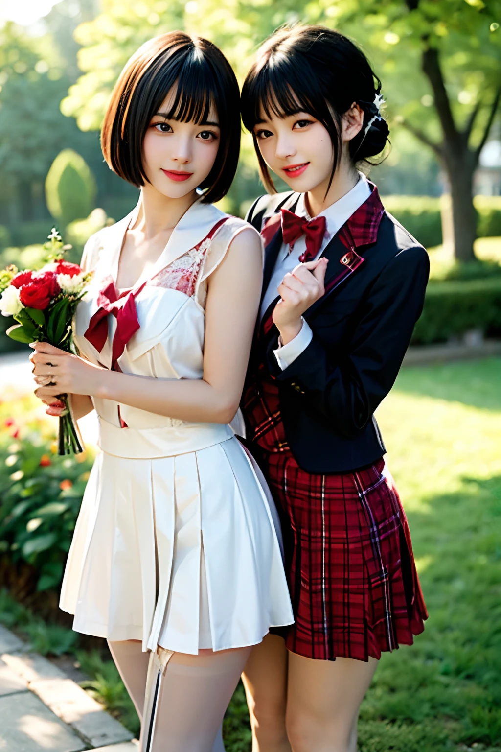 ((Two girls,duo,Face focus,caressing the,Postural collar))"Beautiful female characters in anime style、navel,Short blue hair、eBlue eyes、A smile、blazers、white  shirt、red bowtie、red plaid skirt、Figures in black stockings、Bouquet in hand、Scene of dancing in the summer garden。With high-quality depictions and the highest quality、emphasizing thighs、In the bright sun、The whole body glows、Paint a gorgeous picture。"