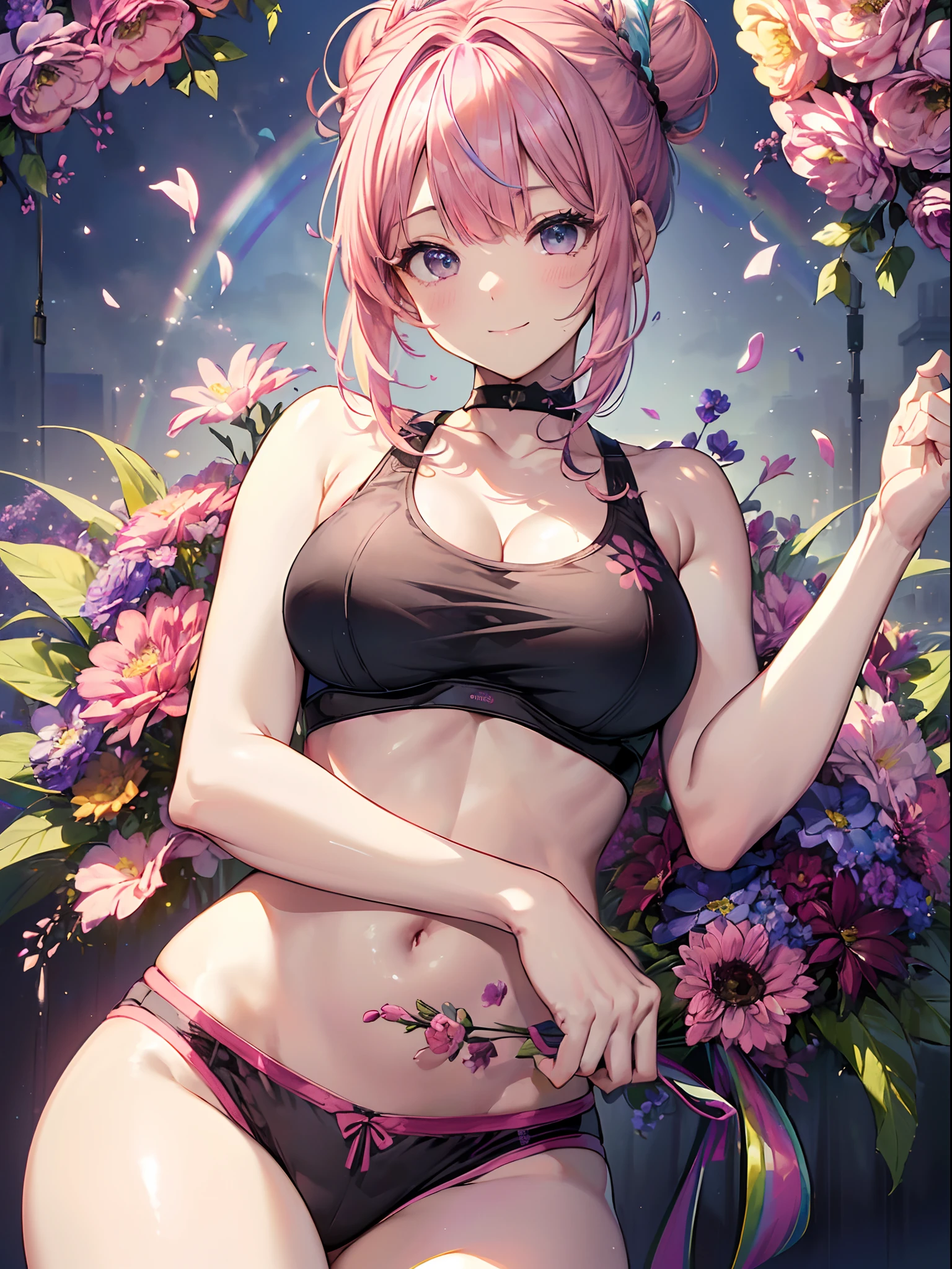absurderes,(masterpiece、top-quality、8K ),intricate detailes,ultra-detailliert、one girls、A smile、(bbw:1.2)、(A pink-haired、rainbow color Hair:1.3),((Bun hair:1.4)),(Black Sports Bra、Black Short Spud:1.3),(Flower bouquet:1.3),Festive background、Hyper realistic,Perfect Anatomy