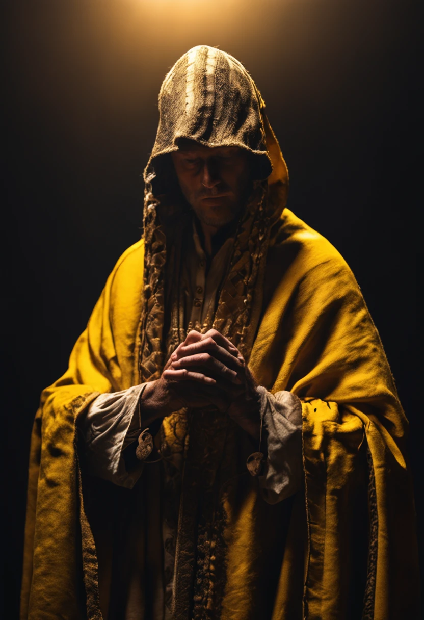 body of a medieval man dressed in typical jewish tunic and scarf over his head in a worshiping posture with a glowing golden yellow light coming out from inside the chest in the direction of the heart passing through the clothes, ultra realistic image, high contrast, detailed, intricate, epic , cinematic, 8k, studio lighting.