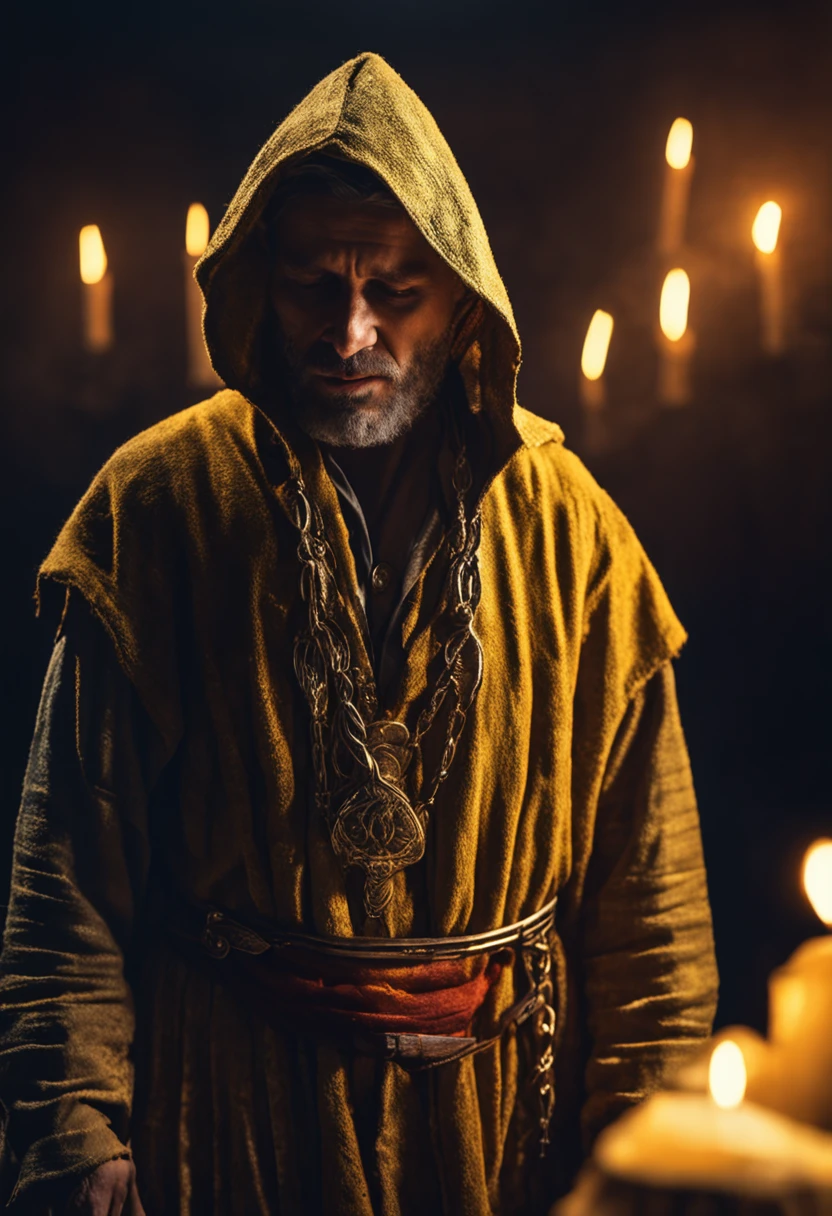 body of a medieval man dressed in typical jewish tunic and scarf over his head in a worshiping posture with a glowing golden yellow light coming out from inside the chest in the direction of the heart passing through the clothes, ultra realistic image, high contrast, detailed, intricate, epic , cinematic, 8k, studio lighting.