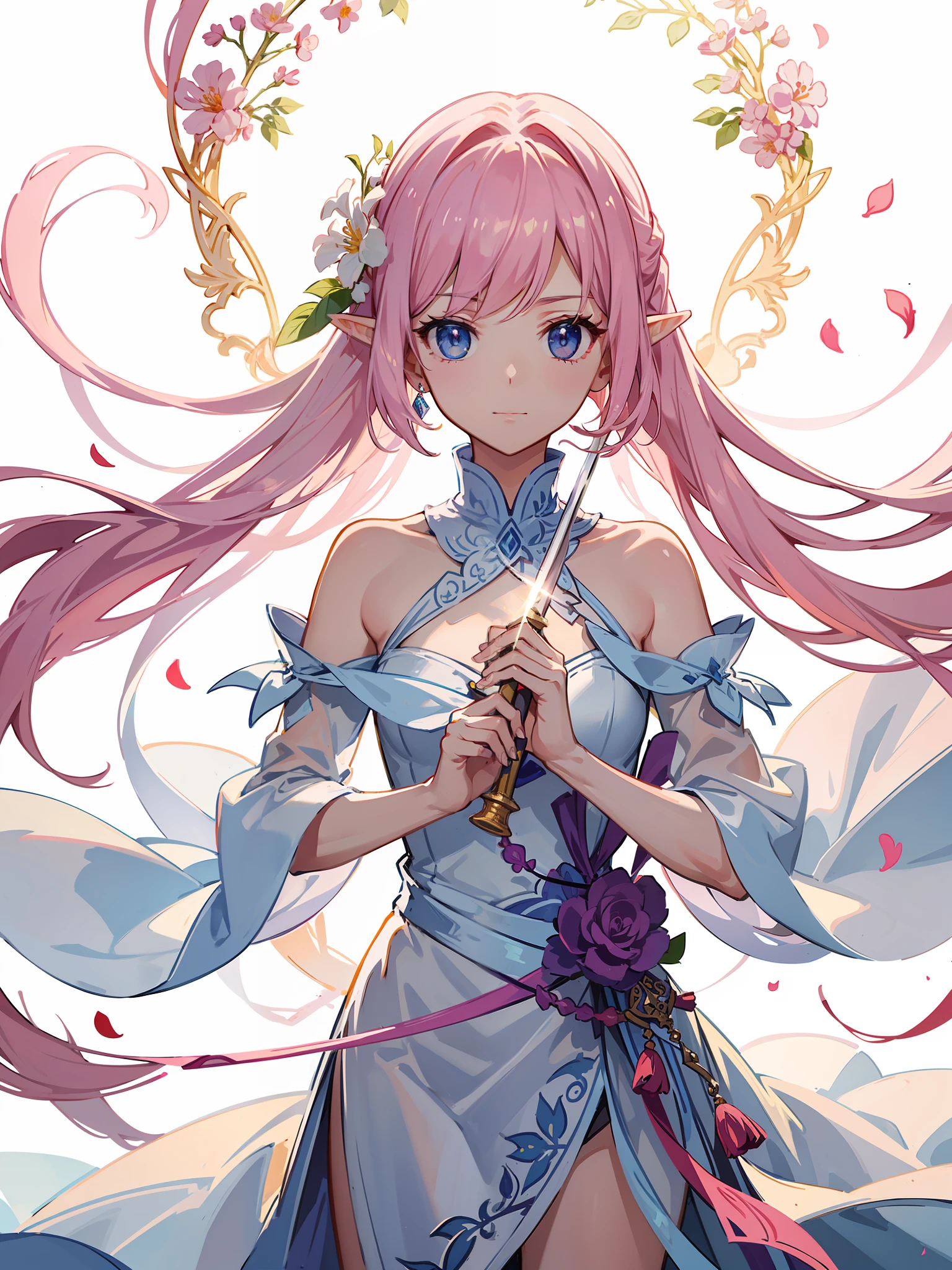 tmasterpiece,HighestQuali,Super A resolution,Best contrast,best detail,Anime style,2.2D,The flower and the sword is a sharp sword,The body of the sword is like the pink jade of the elf,Delicate patterns are wrapped around it,The hilt of the sword is inlaid with delicate flowers,Every petal sways in the breeze,in a sunbeam,The flower and sword shimmered with a warm pink light,How gorgeous