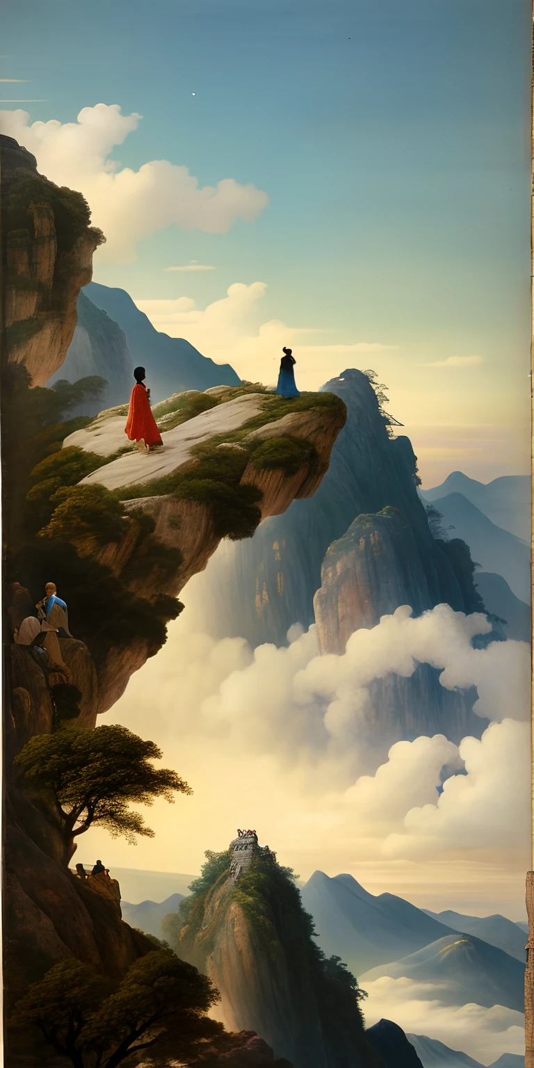 mountain cliff，Li bai，poets，One guy，robe，Man standing on a cliff，Like a fairyland，surrounded by cloud，eventide，rosy clouds，Chinese Ancient Times，Ancient wind，artistic conception，The facial features on the sides are clear，