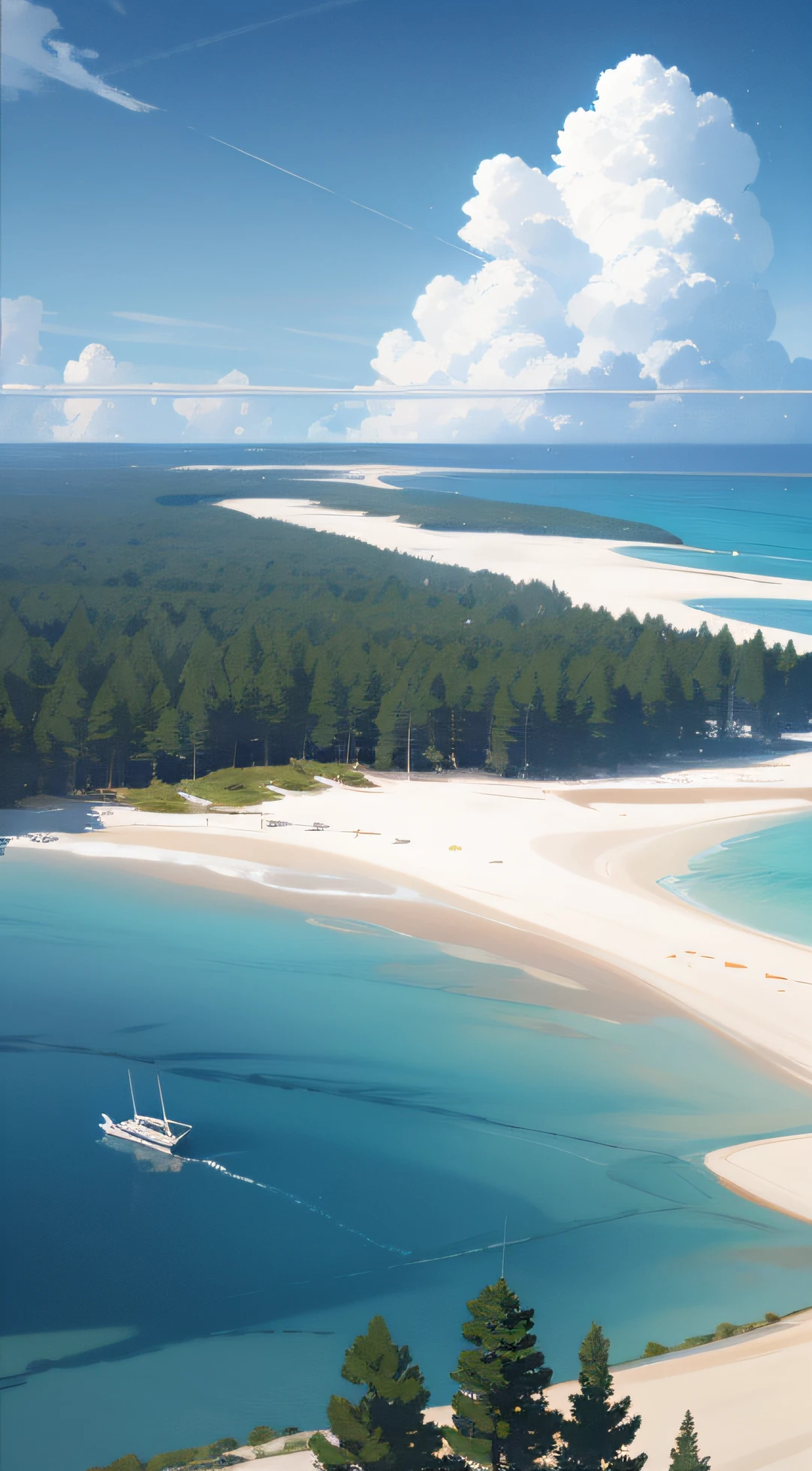 Japanese landscape、A sandbar stretching into the sea、Pine tree forest on sandbar、Standing Girl、Wide sky、blue open sky、Large clouds、Wide blue sea、Some smaller islands々Scattered oceans、Land far away、夏天、Tilt the horizon slightly、Broad perspective、Majestic panorama、HD Detail、Hyper-detailing、movie、Soft light、Deep field focus bokeh、Ray traching、