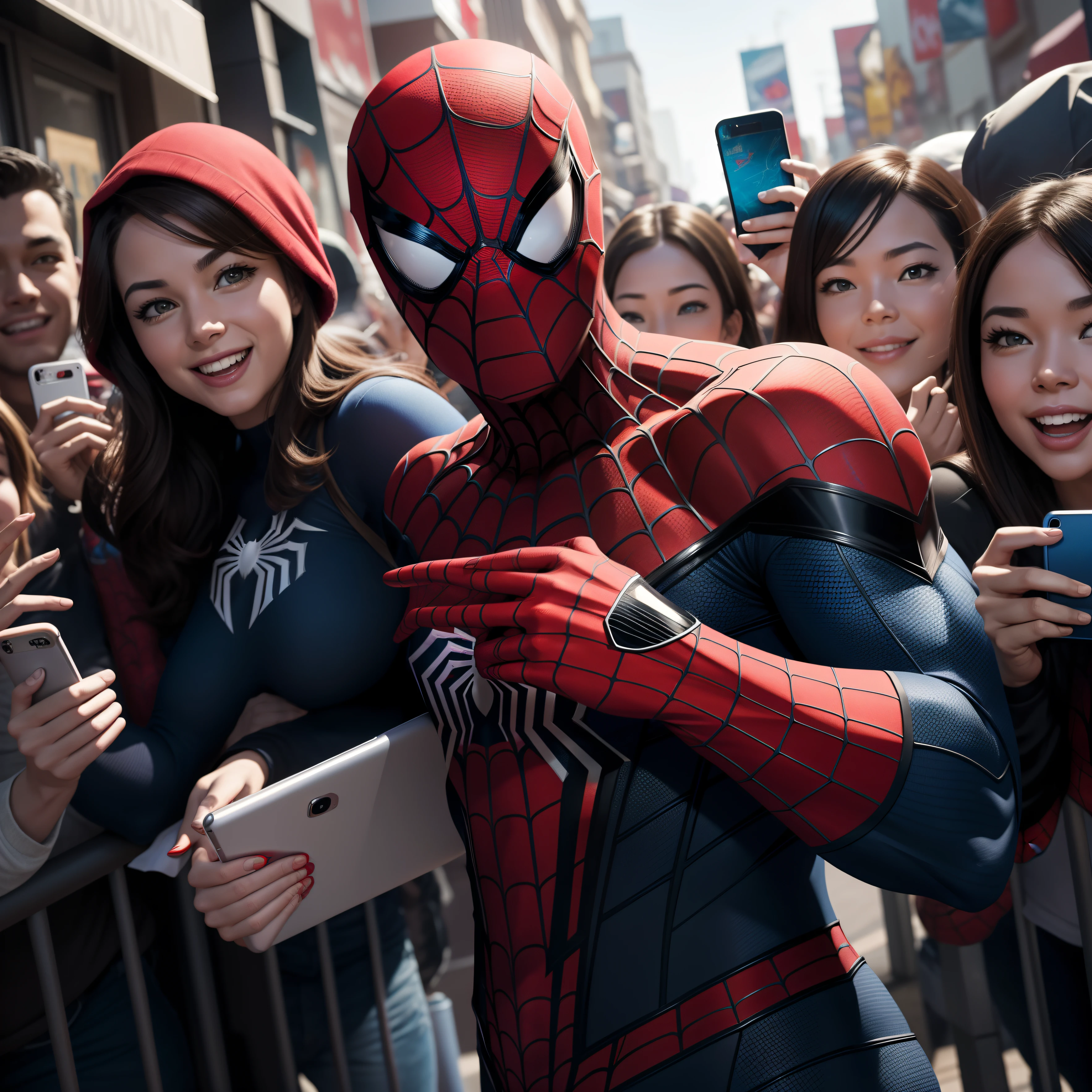 Create an image depicting Spider-Man taking a selfie with a group of excited fans, capturing his friendly and relatable interaction with his admirers. Depict Spider-Man in a playful and dynamic pose, holding a smartphone out for a selfie while surrounded by a group of enthusiastic fans. Show the fans smiling, striking poses, and interacting with Spider-Man, conveying their excitement and admiration. Dress Spider-Man in his iconic costume, complete with the mask and web pattern, showcasing his identity as a beloved superhero. Use a lively and energetic art style to convey the dynamic atmosphere of the selfie moment. Incorporate elements of camaraderie and fan enthusiasm that come with meeting a neighborhood hero. Utilize a color palette that reflects Spider-Man's classic red and blue while maintaining a vibrant and cheerful vibe. The camera angle should emphasize the group dynamic, capturing both Spider-Man and his fans in the frame. Opt for a wide-angle lens to capture the details of the fans' expressions and interactions with Spider-Man. Render the image in high resolution to convey the joyous and entertaining interaction between Spider-Man and his adoring fans.