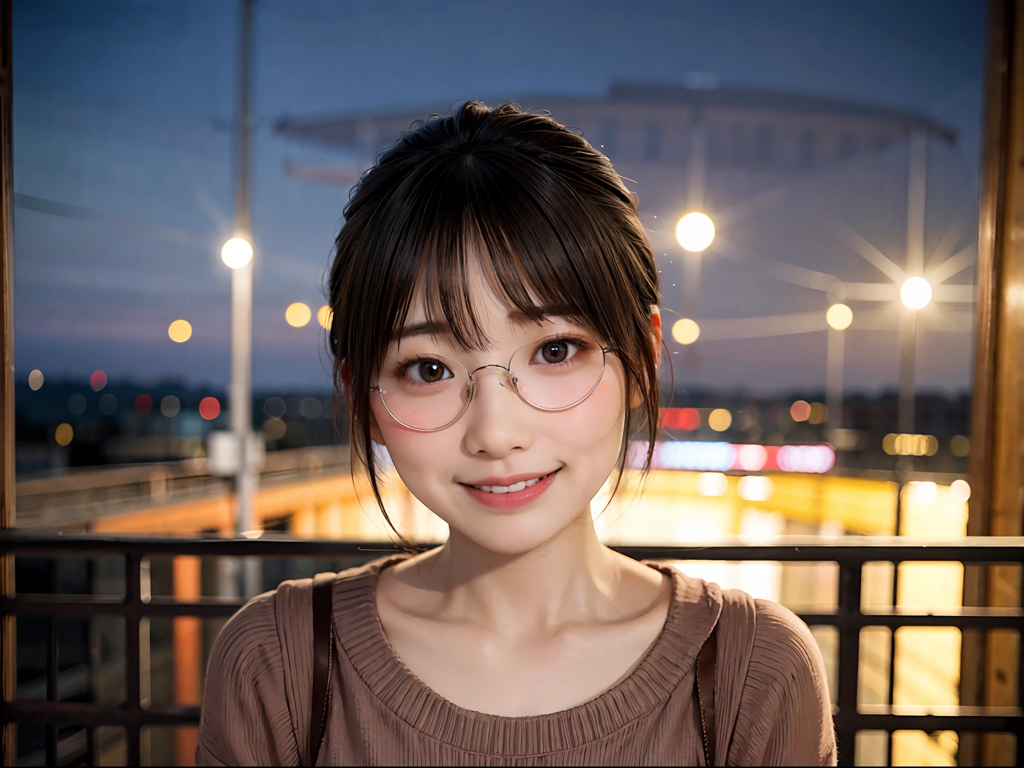 Japan girls in casual clothes、Watch your audience、Tokyo cityscape at night、(top-quality、Master masterpiece)))、HD fine、ighly detailed、Master masterpiece、电影灯光、(8K、top-quality、Master masterpiece:1.2)、(realisitic、Photorealsitic:1.37) Hi-Res、Super Detail、Woman with glasses、Silent look、Round glasses、Asian, cute little, Cute face, Solo, Short hair 1.2, Textured skin, Beautiful smile, Beautiful detailed night sky, night landscape, 电影灯光, depth of fields, Lens flare light、Dating、(blush nose)、、(Mouth closed)tiny chest、Beautiful eye for detail、(Sweaters:1.1)、(Short hair:1.2)、Floating hair Nova frog style、