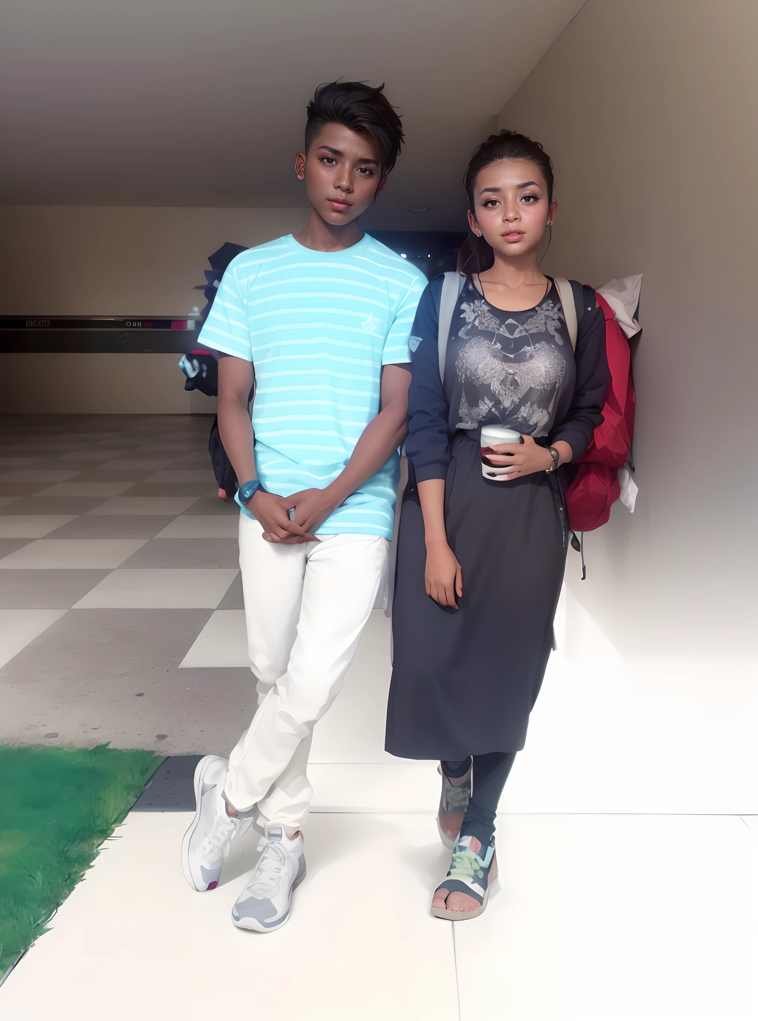 there are two people standing next to each other in a hallway, at college, lovely couple, profile pic, full body photogenic shot, profile picture, in school hallway, profile image, dressed with long fluent clothes, couple pose, very very low quality picture, casual pose, high school, with her long, riyahd cassiem, couple, at a mall