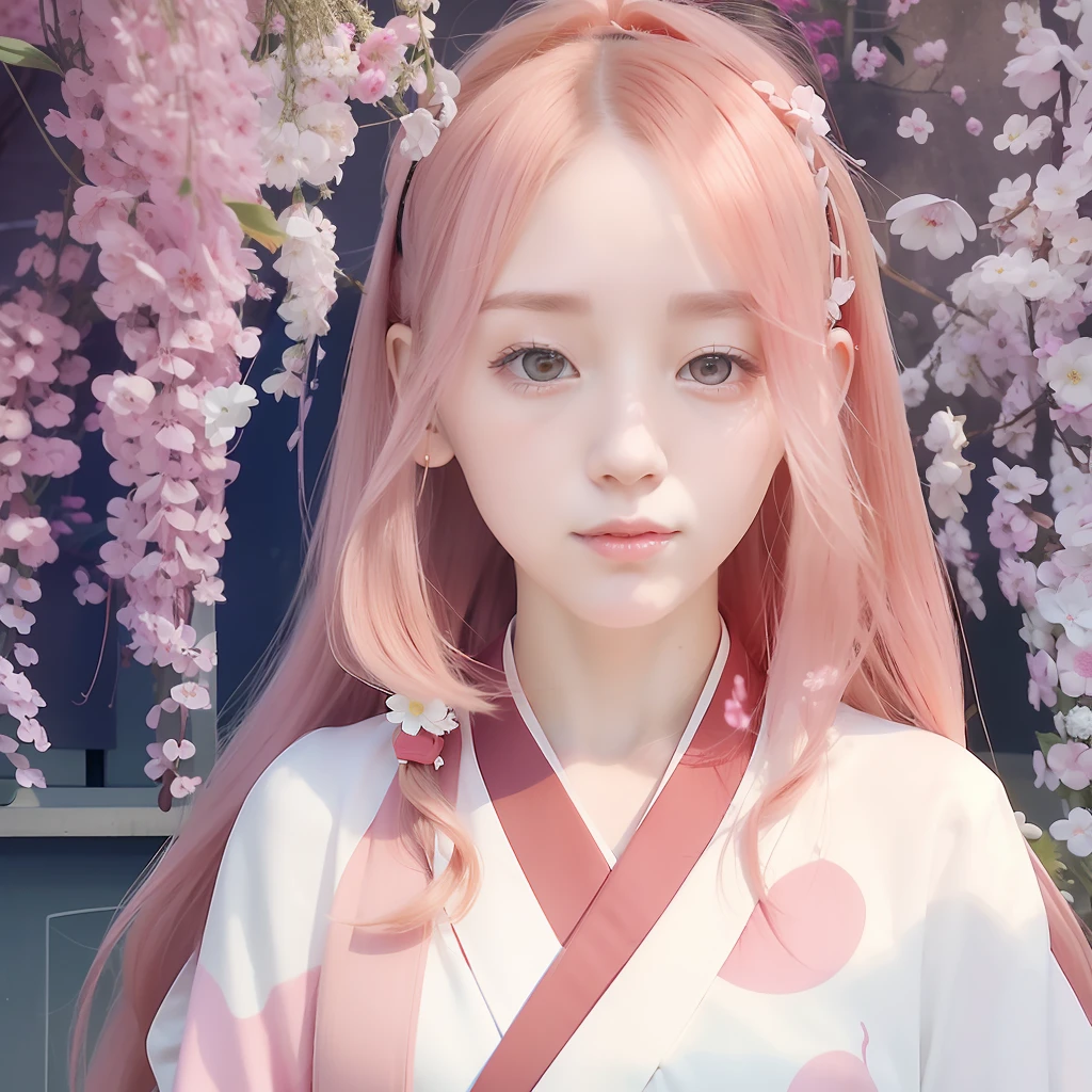 Sakura uchiha. A woman standing under a flower. He wore a white kimono with a pink stripe. She had a pale white skin with rosy cheeks. Her little lips look red seductive. Her long hair is pink unlaced. He looked at the camera. So incredibly graceful and realistic
