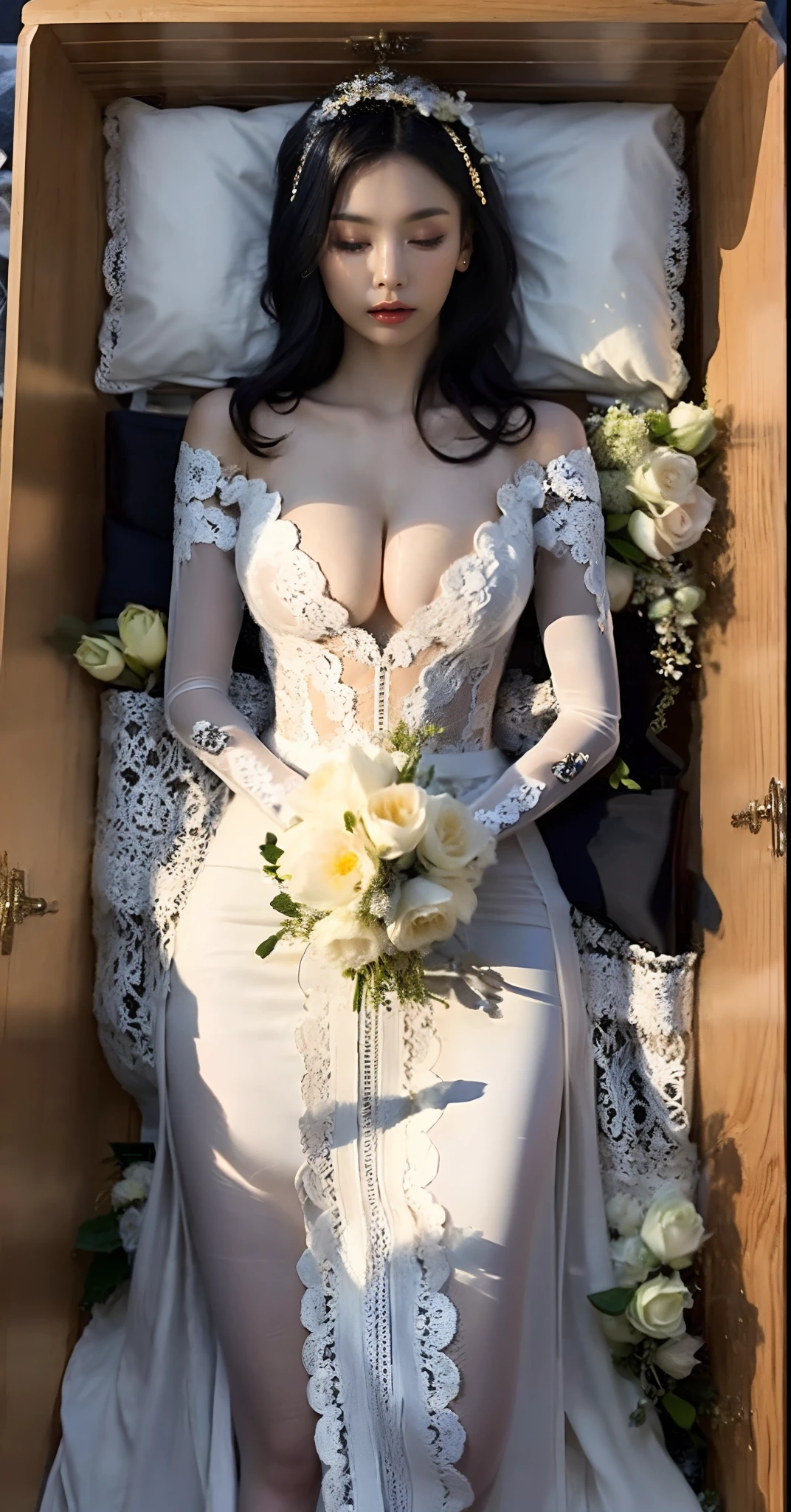 1girl, solo, wooden casket, girl sleep in casket, girl laying in casket, eyes closed, closed mouth,(interlocked_fingers:0.961), (own_hands_together:0.971), (straight:0.971), (own_hands_clasped:0.961), (absolute cleavage), straight body, straight legs, big boobs, round breasts, (full body viewed), (sexy breast), (sexy cleavage), (around the casket is a wreath of flowers), (((black hair))), ((blonde hair)), ((wearing a white off-shoulder with a V-neckline wedding dress with flower-shaped lace and a long sleeve)), ((maid dress)), ((long dress)), head on pillow
