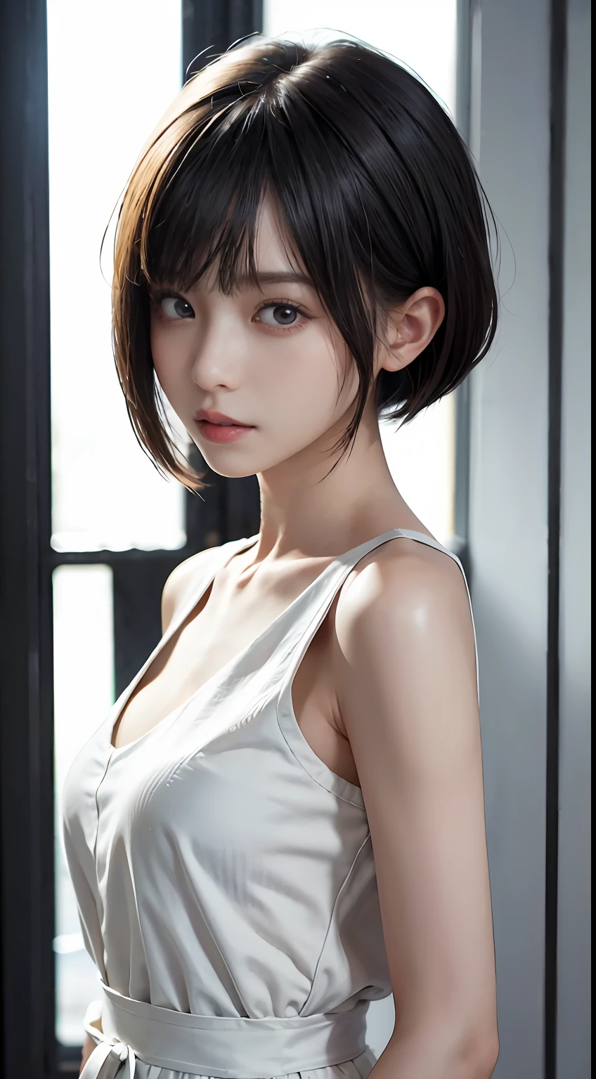 Masterpiece, 1 Beautiful Girl, Detailed Eyes, Swollen Eyes, Top Quality, Ultra High Resolution, (Reality: 1.4), Original Photo, 1Girl, Cinematic Lighting, Japanese, Asian Beauty, Korean, Very Beautiful, Beautiful Skin, Slender, Body Facing Front, (Ultra Realistic), (High Resolution), (8 K), (very detailed), (best illustration), (beautifully detailed eyes), (super detailed), detailed face, looking at viewer, facing straight ahead, neat clothes, sleeveless, short hair, black hair, 46 point slanted bangs, white background, neat room,