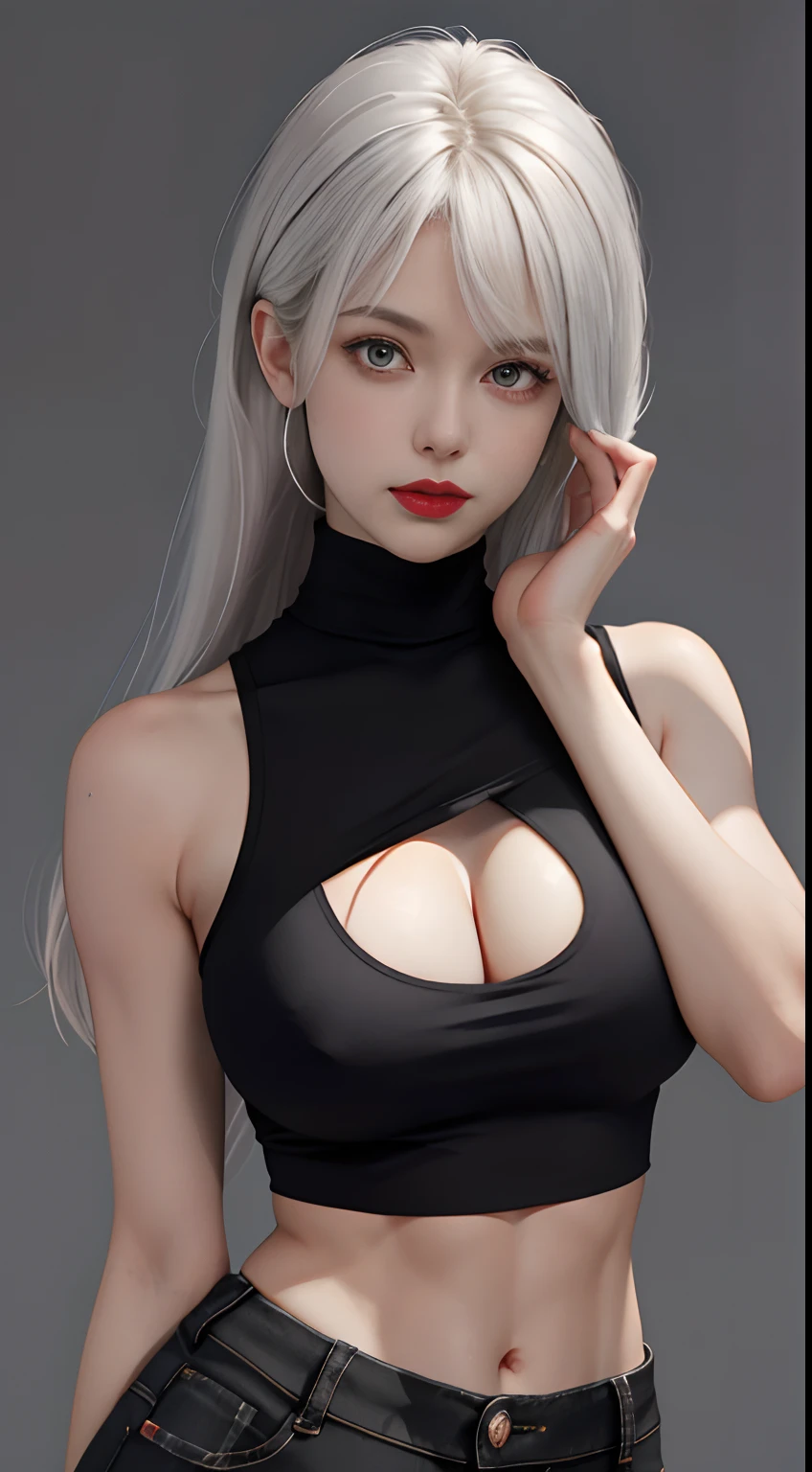 Girls, Bangs, Bare Shoulders, Black Pants, Breasts, Breasts squeezed together, Grey background, Hair between the eyes, Huge breasts, Long hair, View Viewer, Pants, Parted lips, Red eyes, Shirt, Simple background, Sleeveless, Sleeveless shirt, Solo, Turtleneck, V arm, White hair,(Shiny skin),(Masterpiece:1.4),(Best quality:1.4),,Facigirl,Red lips,Perfect abs, belly button, (nipple: 1.5), (sheer areola), nipple, huge, sweat,