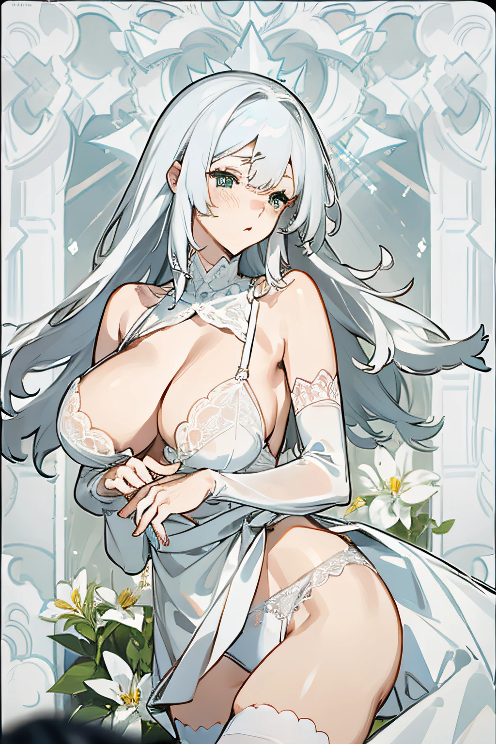 Gentle and mature wife，huge tit，long whitr hair，long layered silvery white hair，Human wife face，Wearing a white lace bra，Wearing white lace panties，Wearing white stockings