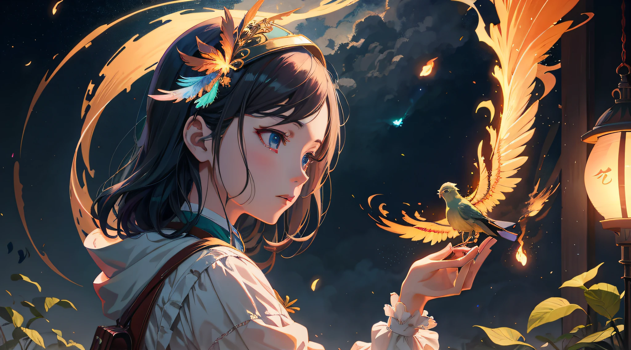 anime girl with a bird in her hand,In the background is a lantern, Artgerm and Atey Ghailan, Anime art wallpaper 8 K, Anime art wallpaper 4k, Anime art wallpaper 4 K, Anime fantasy illustration, Fantasy art style, style of anime4 K, Guviz-style artwork, 4k highly detailed digital art, Anime fantasy artwork