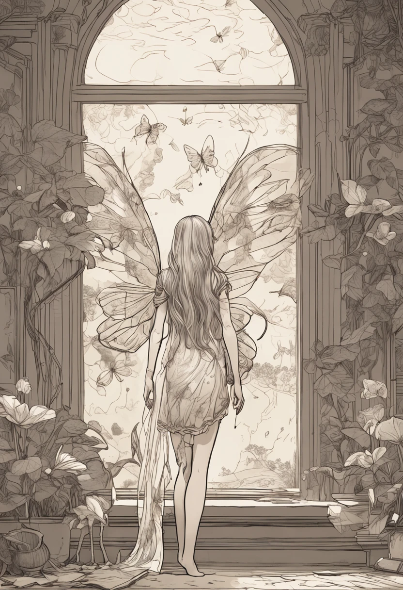 Delicate, petite, slender (Adult) Fairy Girl (with transparent wings behind the back) ((((stands) on the) (huge dark keyboard) Notebook)) ((bare footed)) ((in a light summer short translucent floral (sundress))) and looks up at the glowing screen, longue blonde hair, (small breasts) with tender nipples, (Fine (tender bare feet)), exquisite, gentle hands, Exquisite open neck, laptop, A cup of coffee, (Everything seems gigantic compared to this petite fairy girl), General view, Everything is in an ordinary room, in the style of drawings and engravings by Leonardo da Vinci, in the style of Chinese painting, ink painting on silk, soft, discreet shades