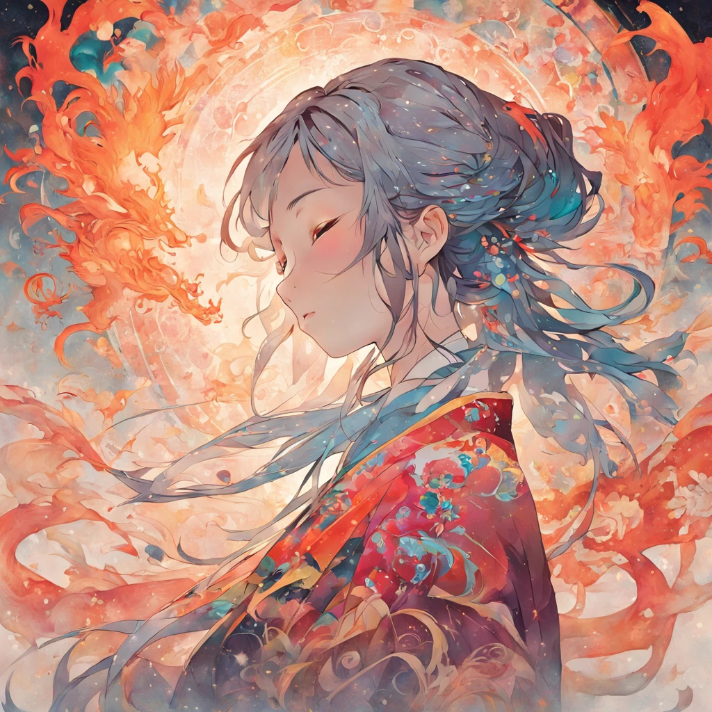 (White background:1.4),(Silhouette of a girl's head, Eyes closed, colorfull long hair, Oriental elements)，(Chinese illustration:1.3，paper art:1.3, Quilted paper art:1.2),( reasonable design, Clear lines, High sharpness,Best quality, Very detailed, Masterpiece, movie light effect, 4K ), (Subtle yin and yang elements)