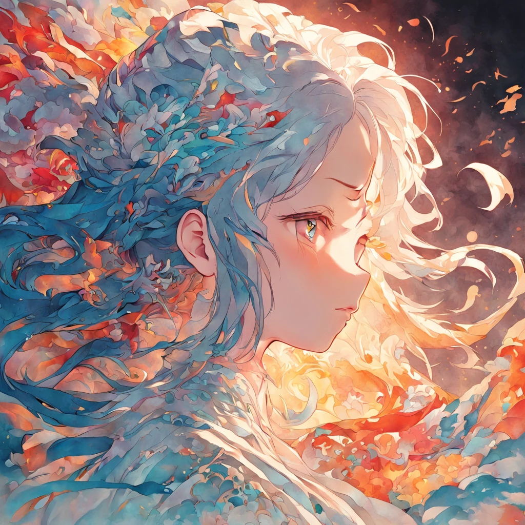 (White background:1.4),(Silhouette of a girl's head, Eyes closed, colorfull long hair, Oriental elements),(Chinese illustration:1.3,paper art:1.3, Quilted paper art:1.2),( reasonable design, Clear lines, High sharpness,Best quality, Very detailed, Masterpiece, movie light effect, 4K ), (Subtle yin and yang elements)