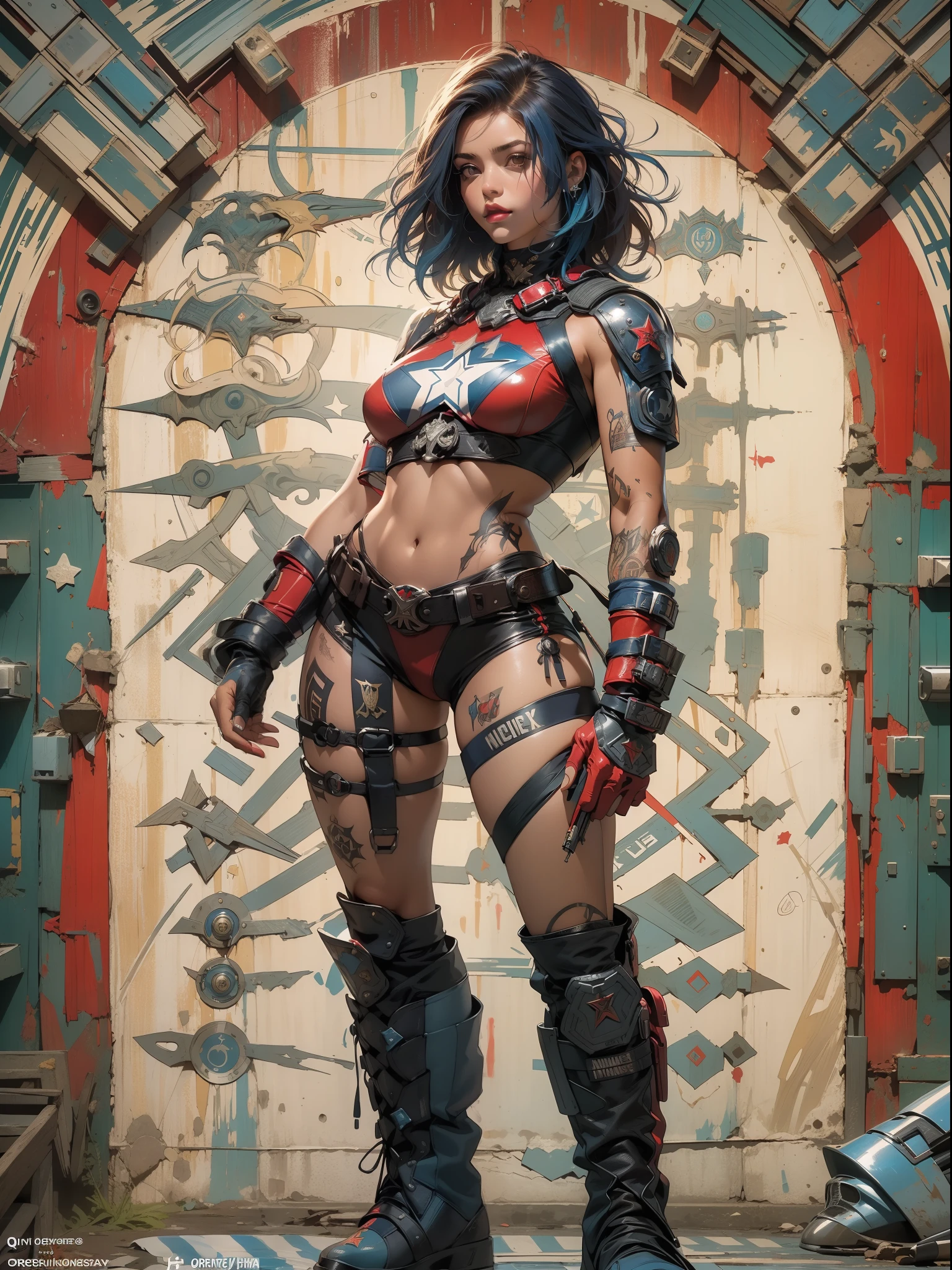 (((mulher))), (((melhor qualidade))), (((obra prima))), (((adulto))), (((1girl))), ((( corte de cabelo bob ))), Uma gladiadora cyberpunk mulher de 25 anos com corpo perfeito, shoulder pads with metal spines, Gladiadores do Brooklyn, (( corte de cabelo bob )), tiny leather panties, camiseta de time de rugby rasgada, quase nua no estilo selvagem urbano de Simon Bisley para a capa da revista Heavy Metal, Cabelo loiro curto, Minimum clothing, Metal protection on the left arm with intricate graphics, Dark red with white stars and blue and white striped pattern, armadura, cheio de pontas e rebites, tatuagem de veneno (((do joelho pra cima))), cabelos loiro branco curto, no fundo uma parede pintada por Shepard Fairey com um design intrincado