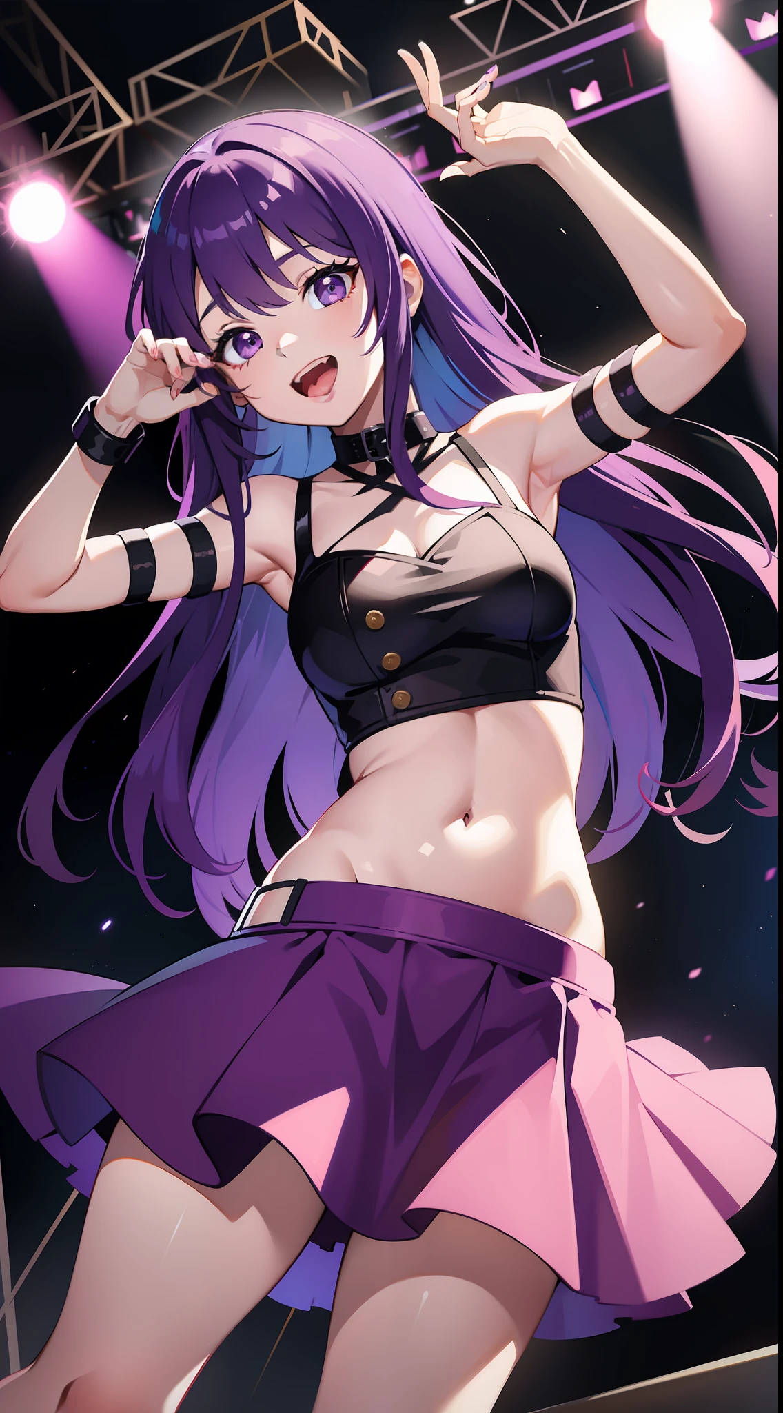 young girl, long bright purple hair, Cyan eyes, ssmile, opened mouth, pop-idol, Red Top, purple skirt, open belly, stage, Masterpiece, hiquality