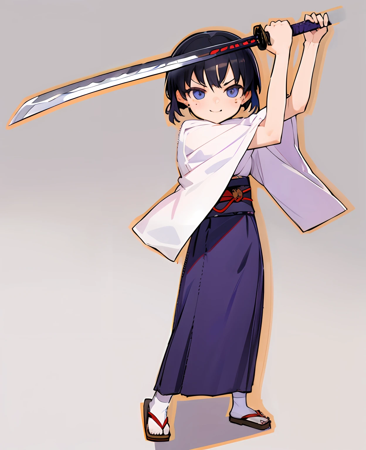 Japanimation, (((eroge))), Japanese scene, Japanese composition, 16k, extremely high level illustration ,an extremely beautiful girl, absurd resolution, absurd detailed, 1girl, solo, weapon, sword, japanese_clothes, kimono, katana, black_hair, purple_eyes, short_hair, tabi, blue_kimono, sash, obi, sandals, full_body, blue_eyes, long_sleeves, holding, zouri, wide_sleeves, looking_at_viewer, holding_weapon, holding_sword, arms_up, standing, socks, fighting_stance, smile, geta, yukata, open_mouth, obijime, closed_mouth, alternate_hairstyle, frown, blush_stickers, bangs, white_socks, sheath, v-shaped_eyebrows, :<, cosplay, child, two-handed, obiage, mole, bob_cut, haori, samurai, female_child, multicolored_eyes, mole_under_eye, chibi, hair_ornament, ootachi, serious, hair_between_eyes, sidelocks, flat_chest, official_style, open_clothes