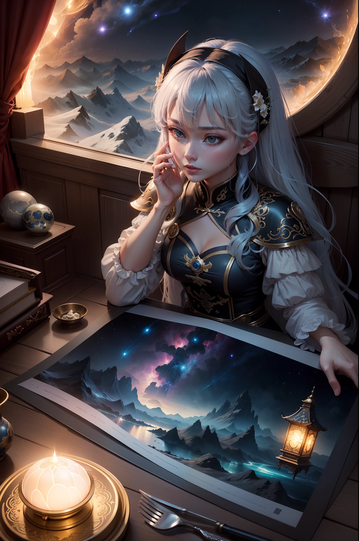 starrysky,kosmos,rays of moonlight,Moon,Skysky,Highlight,Bright,opulent,baiyun,yin yang,starlights,meteors,China-style,High hills,Mountain and river art,Unified 8k resolution wallpaper,high qulity,Photorealistic,High detail,Fantastic fantasy scene,The details are extremely detailed,scenecy,magic,heal