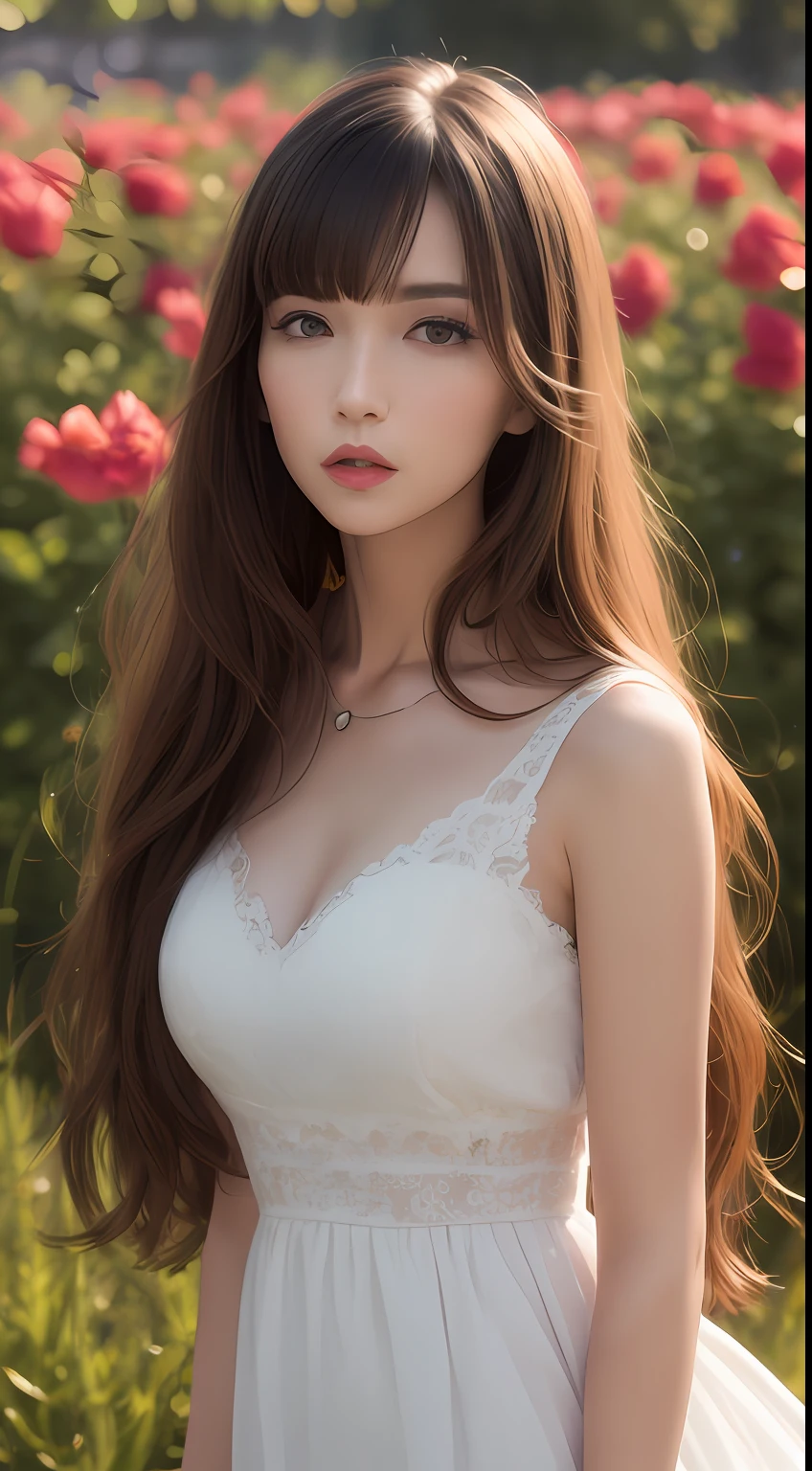 masutepiece, best quality, illustration, ultra-detalhado, detalhe fino, alta resolução, Papel de parede 8K, perfect dynamic composition, belos olhos detalhados, Doress,medium hair, mid chest, Natural Color Lip, Random and sensual poses, standing in flower field. usando um vestido rosa barbie.