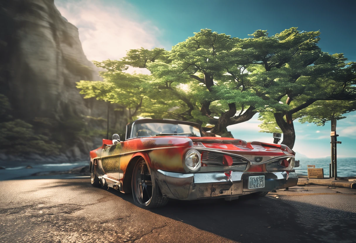 beautiful day in the sea side road of japan, hd, masterpiece, 16k, realistic texture, realistic view, lens flare