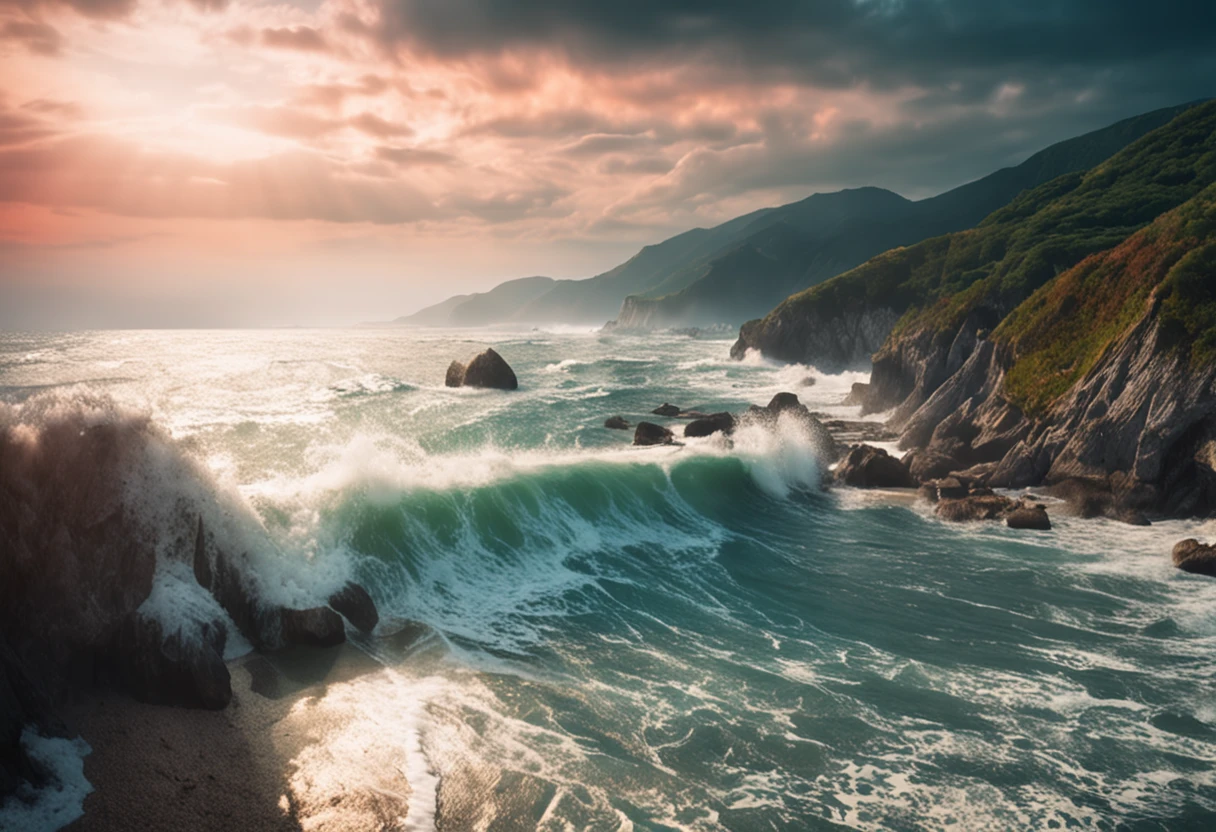 beautiful day in the sea side road of japan, hd, masterpiece, 16k, realistic texture, realistic view, lens flare