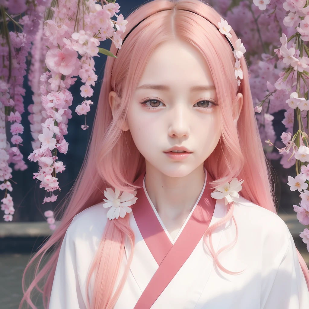 Sakura uchiha. A woman standing under a flower. He wore a white kimono with a pink stripe. She had a pale white skin with rosy cheeks. Her little lips look red seductive. Her long hair is pink unlaced. He looked at the camera. So incredibly graceful and realistic
