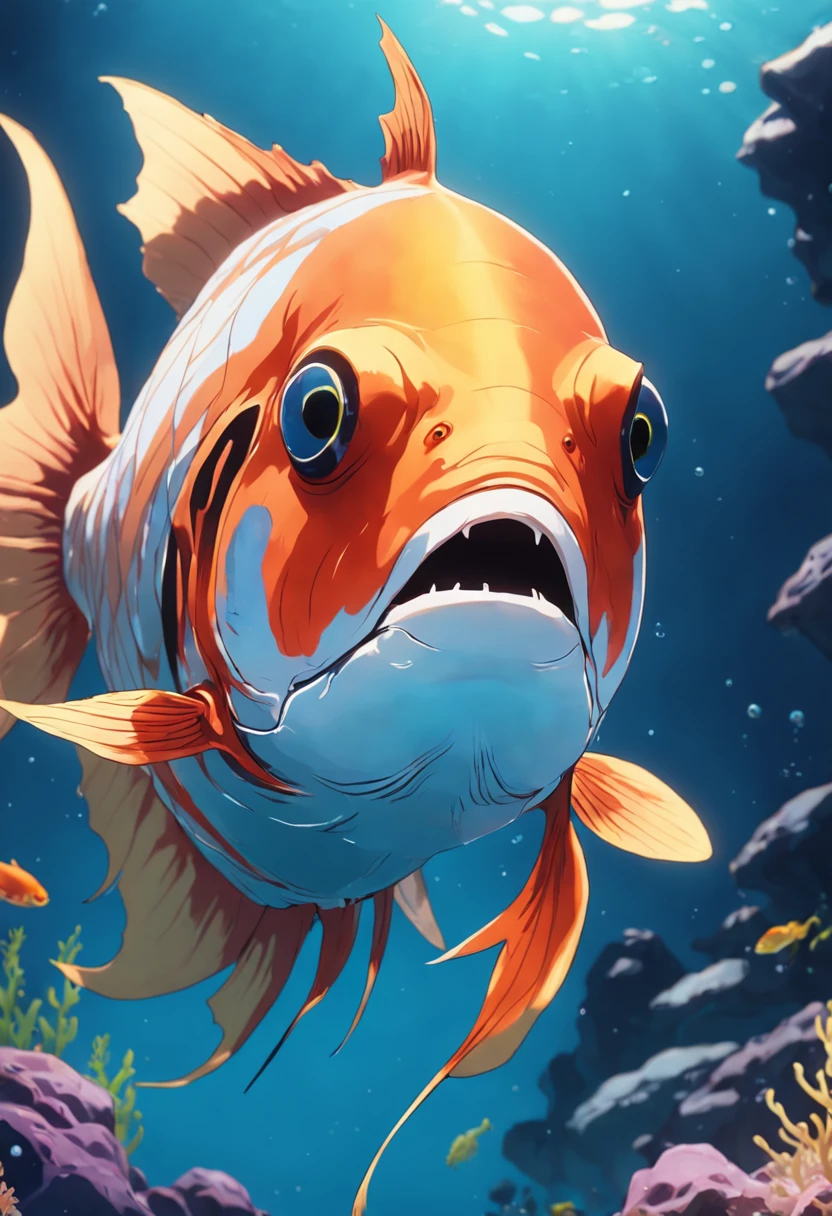 There is a fish that looks like a fish with a big nose, barreleye, new species, upscaled to high resolution, barreleye fish, deep sea fish, Fish, color difference, [ 4 K photorealism ], Silver gills are skillful, she has iridescent membranes, a raytraced image, high resolution ultradetailed