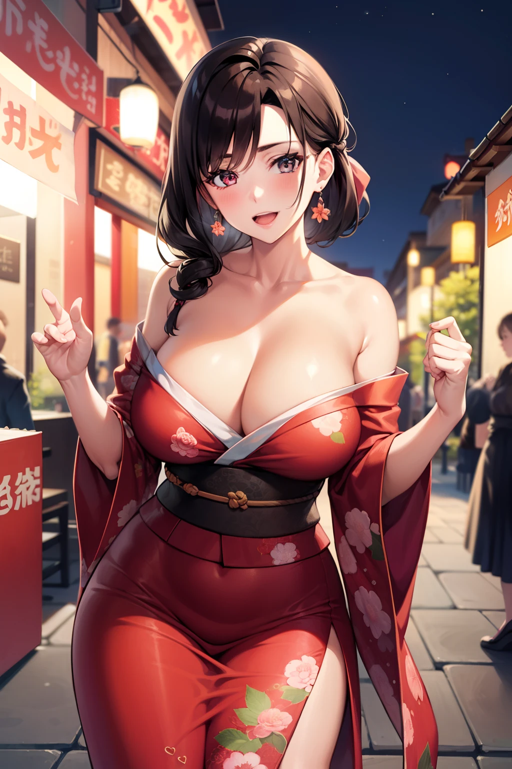 masterpiece, best quality, 1girl, milf, mature female, large breasts, curvy, perfect female body, red kimono, floral pattern, cleavage, collarbone, off shoulder, umbrella, outdoor, festival, at night