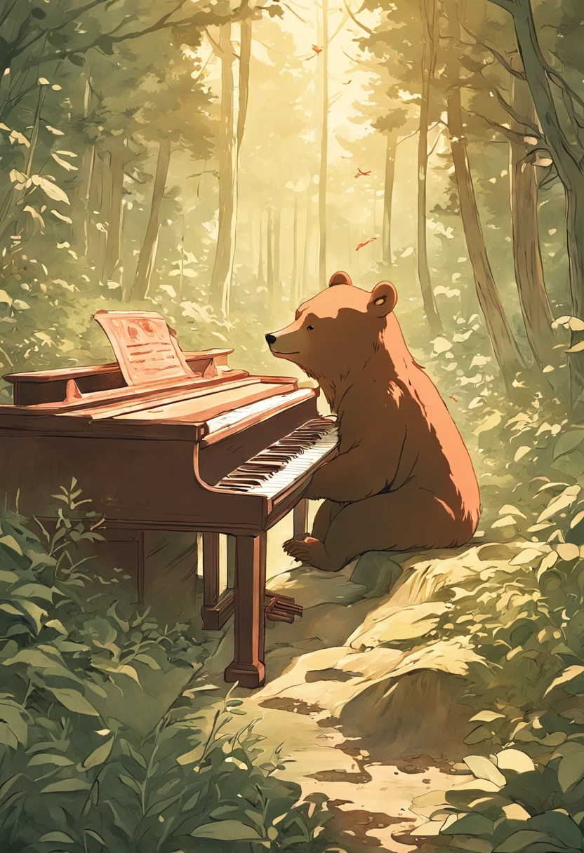 A bear cub plays the piano in the forest, In the style of medieval illustrations, Symbolic figurative landscapes, Light red and silver, Vintage poster design, Organic Art Nouveau, Saturated pigment pool, woodcut print