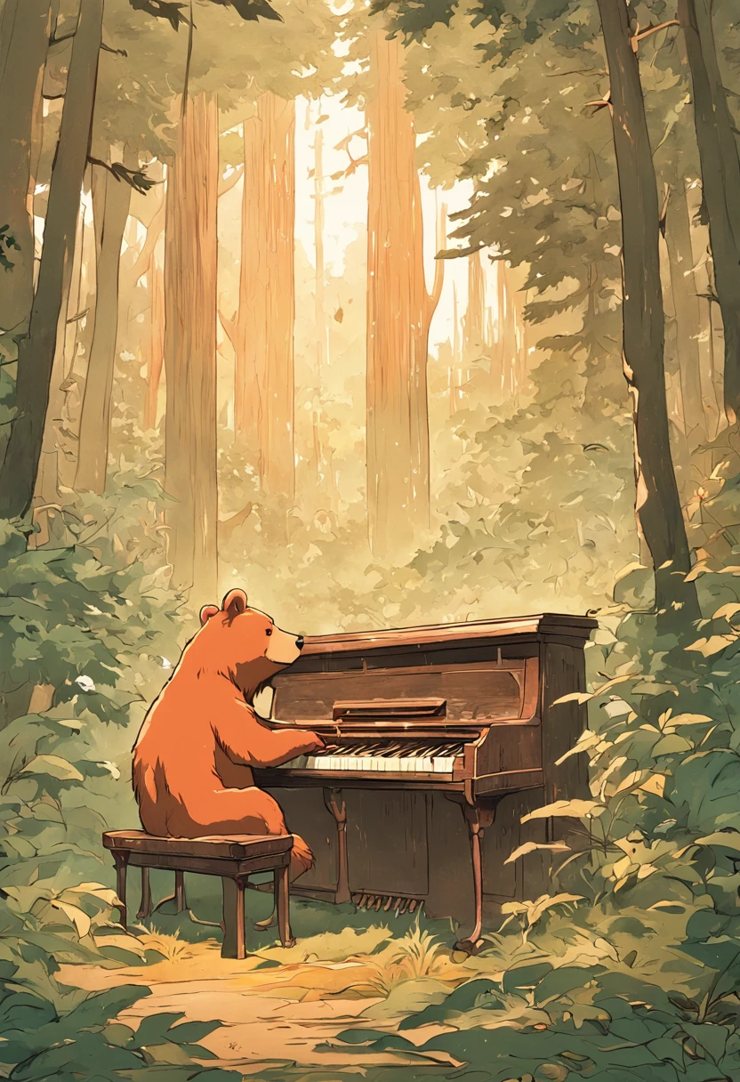 A bear cub plays the piano in the forest, In the style of medieval illustrations, Symbolic figurative landscapes, Light red and silver, Vintage poster design, Organic Art Nouveau, Saturated pigment pool, woodcut print