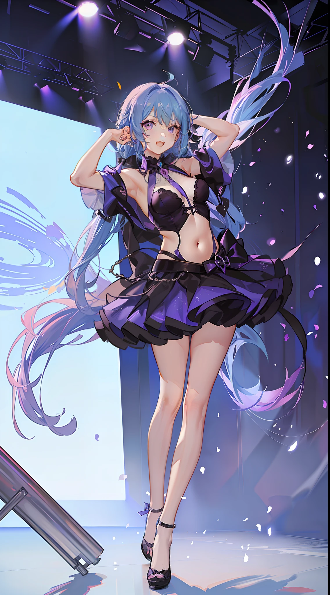 young girl, long bright purple hair, Cyan eyes, ssmile, opened mouth, pop-idol, Red Top, purple skirt, open belly, stage, Masterpiece, hiquality