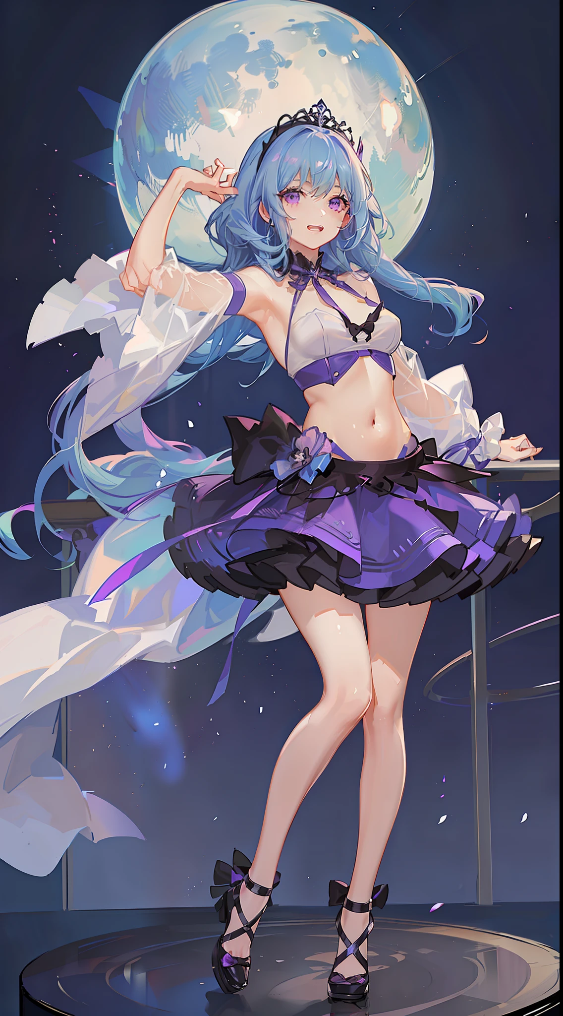 young girl, long bright purple hair, Cyan eyes, ssmile, opened mouth, pop-idol, Red Top, purple skirt, open belly, stage, Masterpiece, hiquality