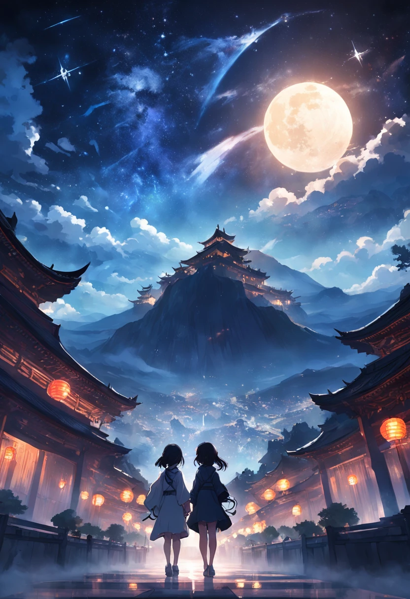 starrysky,kosmos,rays of moonlight,Moon,Skysky,Highlight,Bright,bright,opulent,baiyun,yin yang,starlights,meteors,China-style,orient,High hills,Mountain and river art,Unified 8k resolution wallpaper,high qulity,Photorealistic,High detail,Fantastic fantasy scene,The details are extremely detailed,scenecy,Artistically,heal,Small fresh style