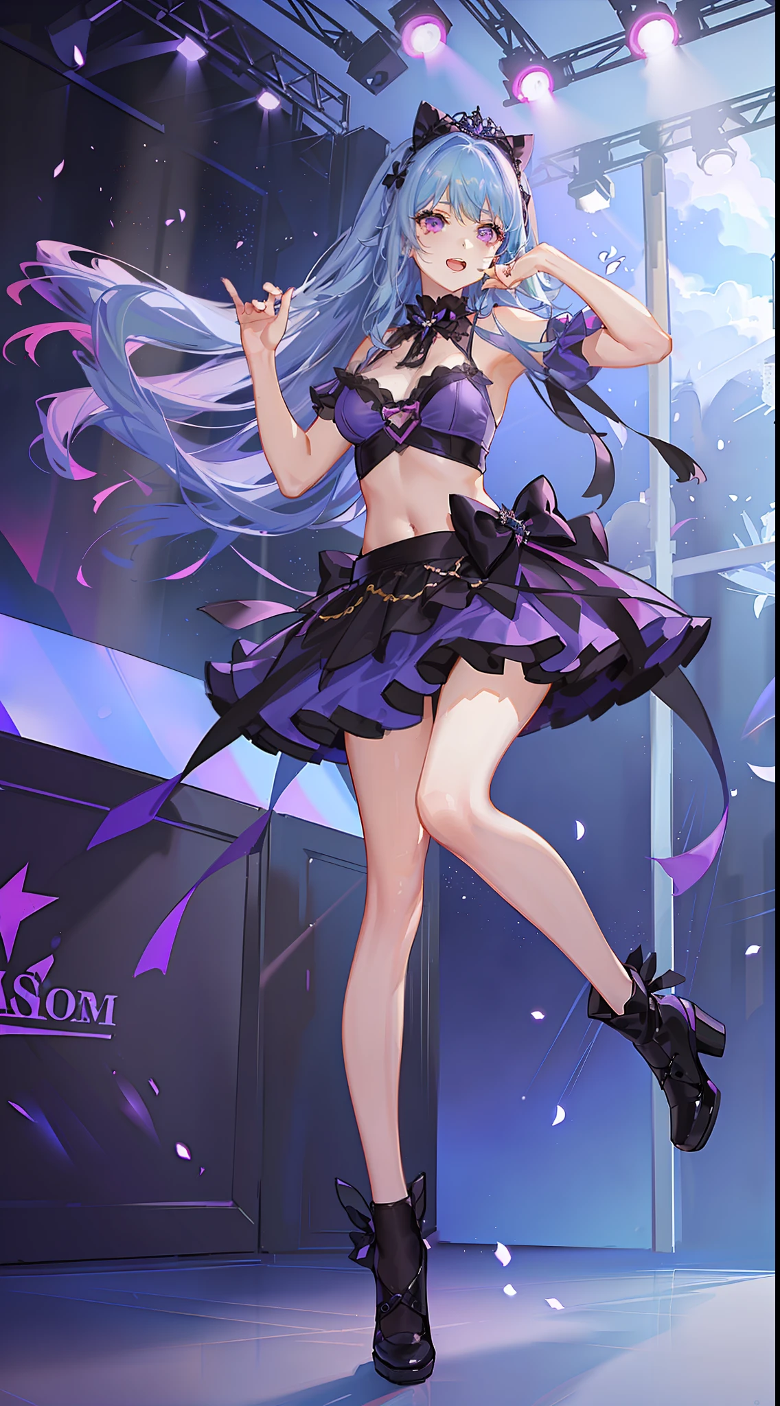 Beautiful woman, hyper detail, detailed light, perfect body, full body, purple mini dress, no tights, blue hair, very long hair, purple heels, standing, legs extended, purple heels. Airport background, plane taking off, expression of joy on the face