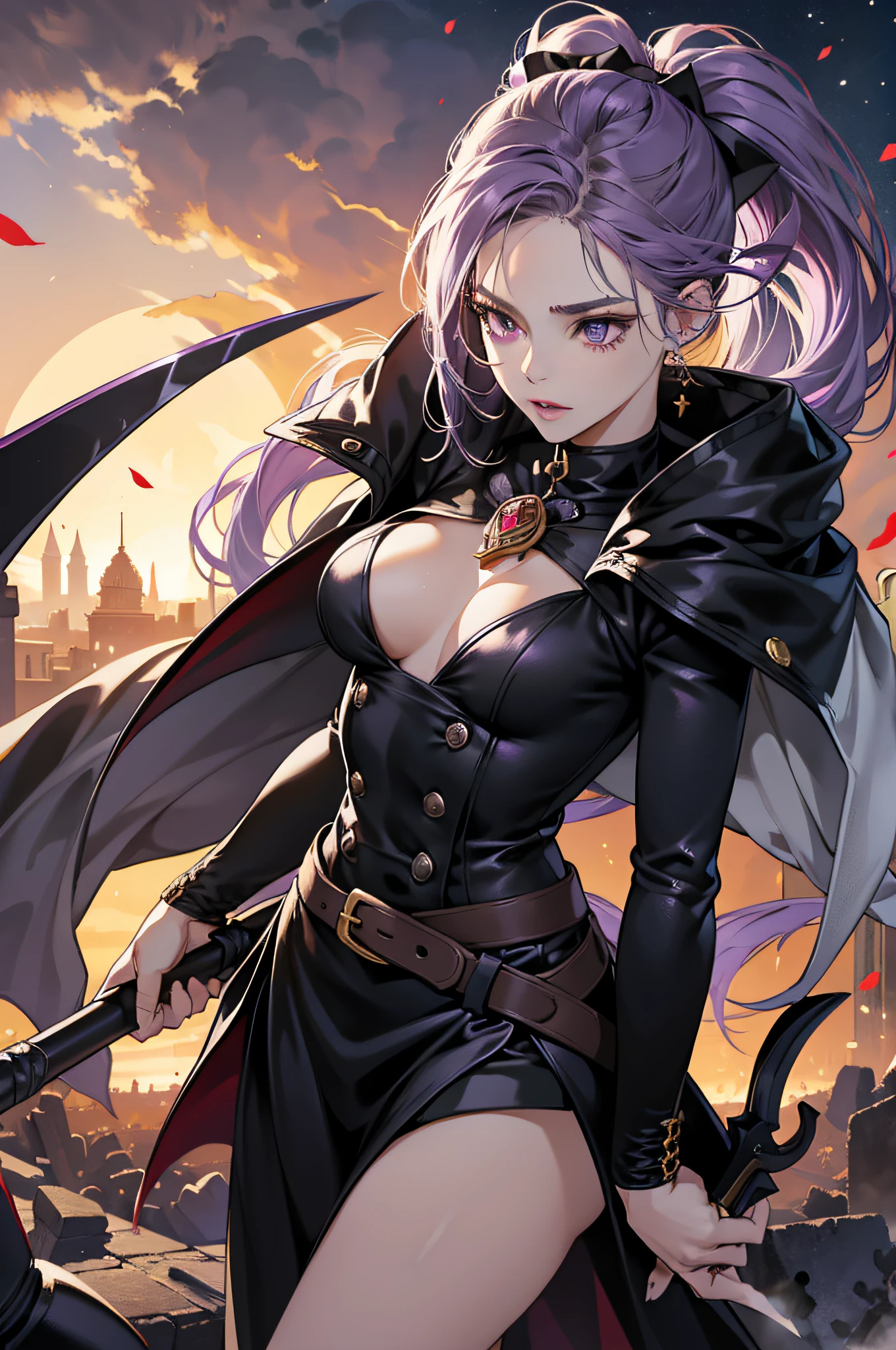 sexy woman, petite, perfect body shape, small breast, holding giant scythe, battle suit outfit, silver color breast plate, battle skirt, (royal cape:1.1), main color is matte black, secondary color is purple, ((bloody body detailed)), sexy and devil aura, original character, masterpieces, seducing purple pupil, black high pony tail with some purple hair, 20 years old, walking under blood moon and middle of the destroyed city street, 3A game CG quality, purple gem accessories, golden belt, golden necklace, windy and holy effect, devil tattoo.