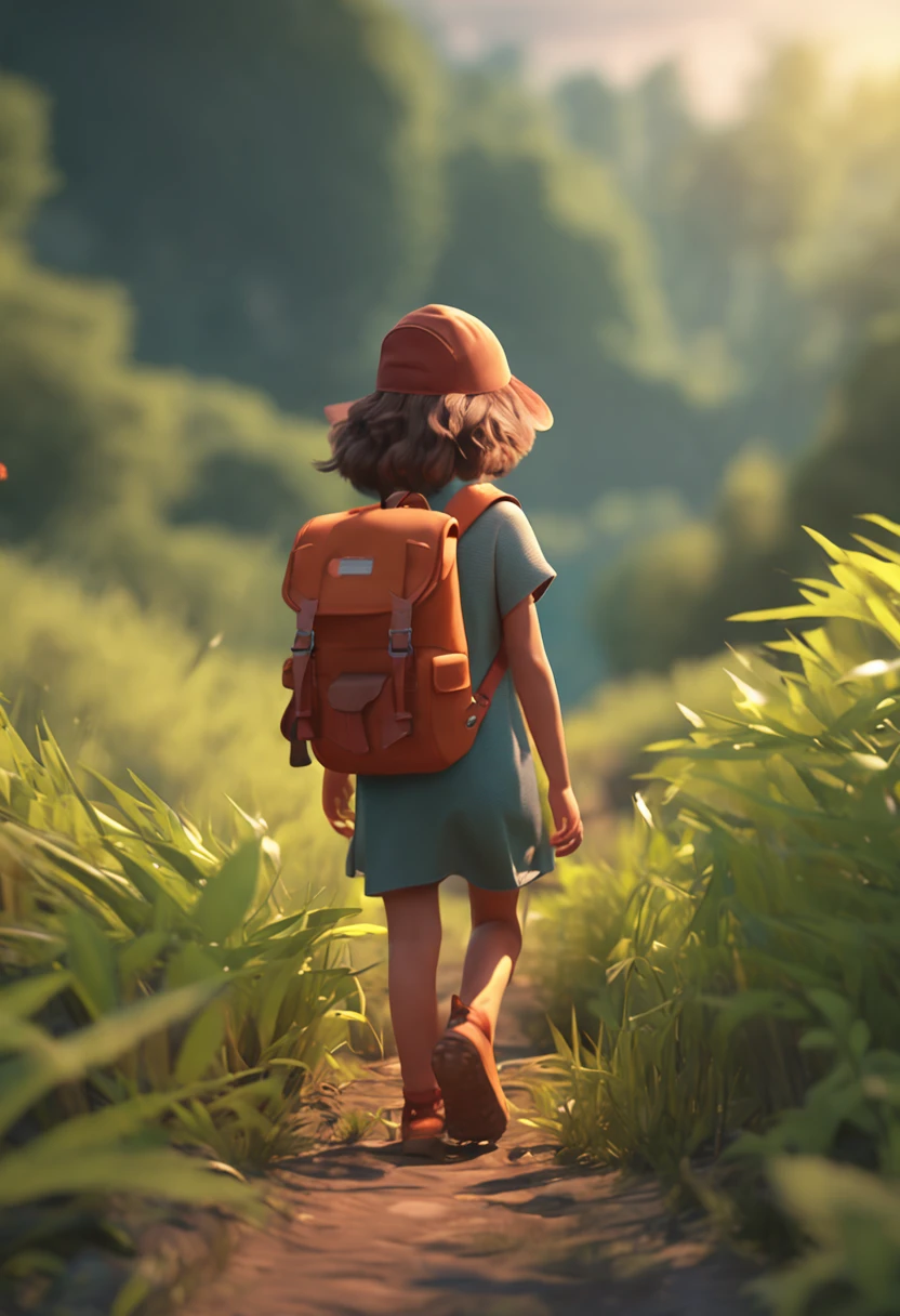 There was a little girl walking down the path with a backpack on her back, Female explorer mini cute girl, atey ghailan 8 k, childrens art in artstation, Girl walking in a harvest paddy field, adventure hyper realistic render, Inspired by Atey ghailan, animation style render, cute 3 d render, lovely digital painting, girl walking in forest, semi - realistic render