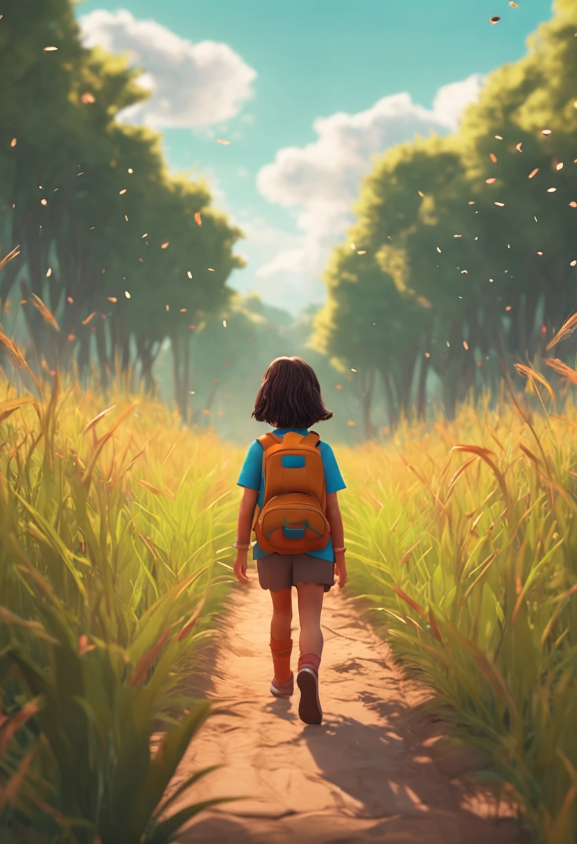 There was a little girl walking down the path with a backpack on her back, Female explorer mini cute girl, atey ghailan 8 k, childrens art in artstation, Girl walking in a harvest paddy field, adventure hyper realistic render, Inspired by Atey ghailan, animation style render, cute 3 d render, lovely digital painting, girl walking in forest, semi - realistic render
