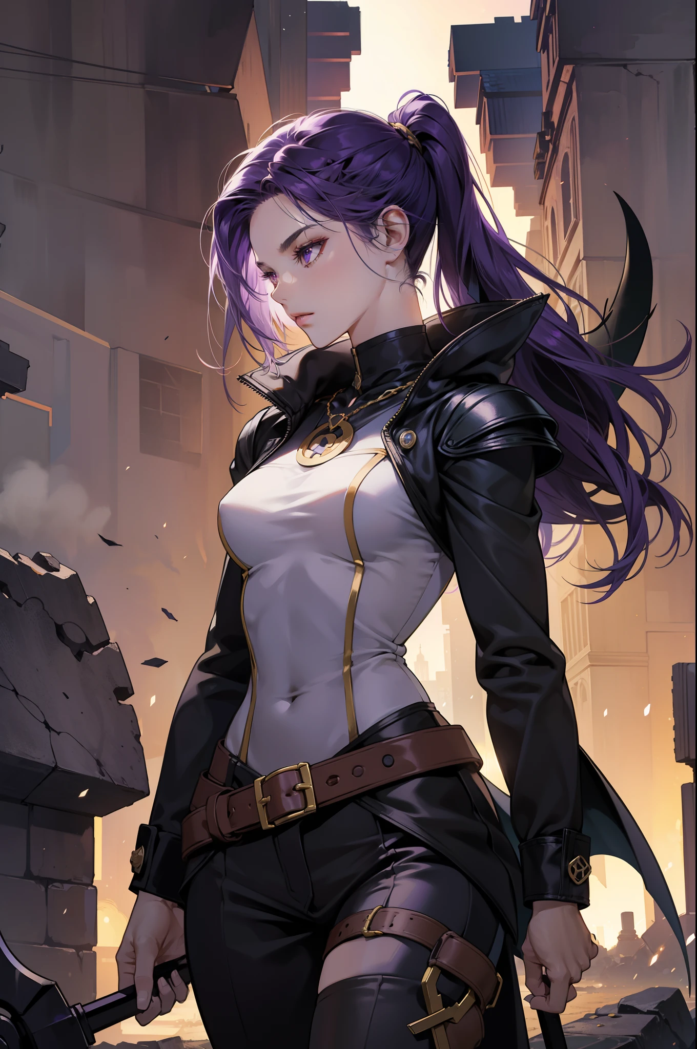 sexy woman, ite, perfect body shape, small breast, holding giant scythe, battle suit outfit, silver color breast plate, battle skirt, (royal cape:1.1), main color is matte black, secondary color is purple, ((bloody body detailed)), sexy and devil aura, original character, masterpieces, seducing purple pupil, black high pony tail with some purple hair, 20 years old, walking under blood moon and middle of the destroyed city street, 3A game CG quality, purple gem accessories, golden belt, golden necklace, windy and holy effect, devil tattoo.