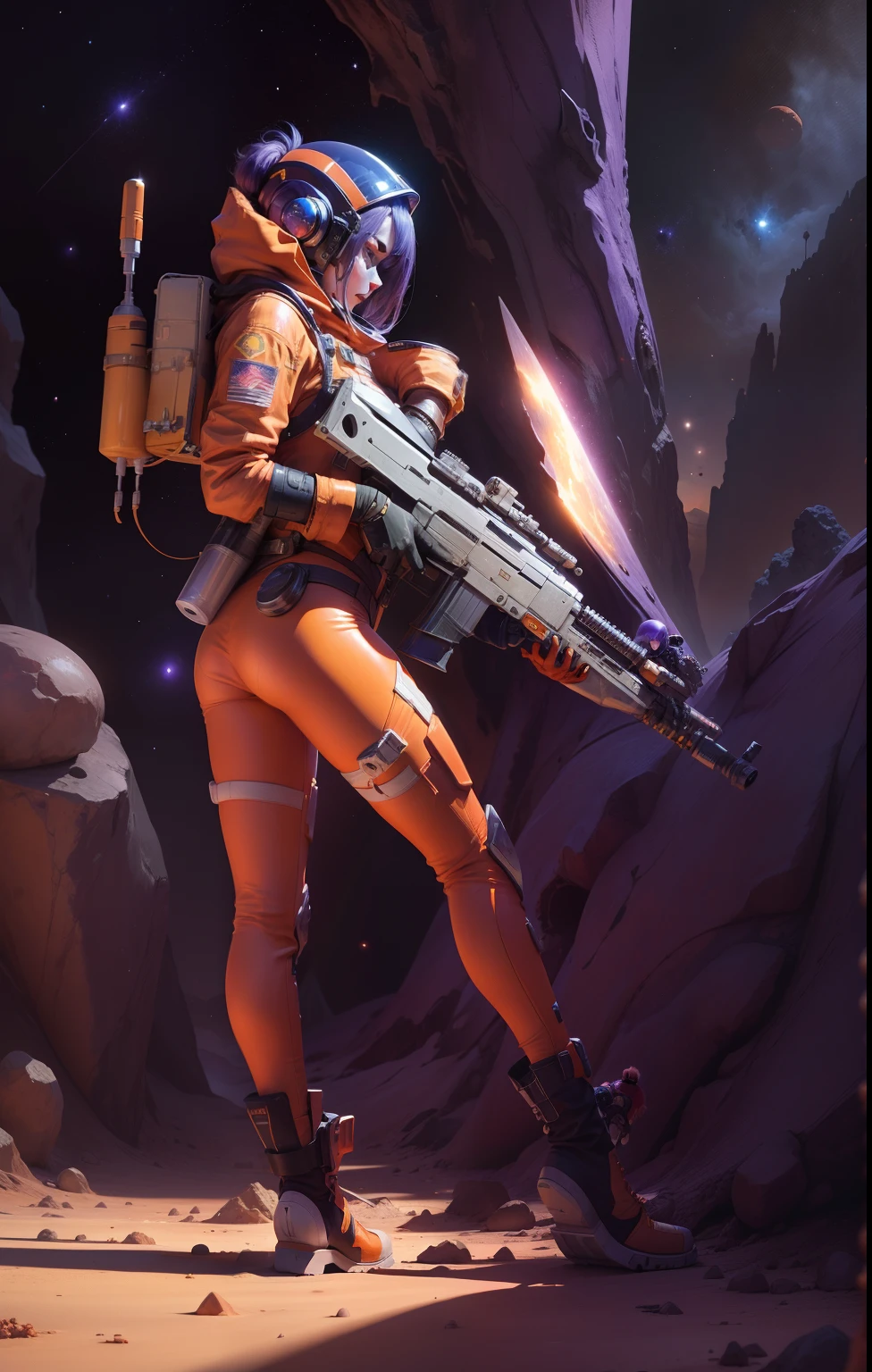 space girl in orange space suit, reloading rifle after killing a space dragon, violet dragon lay dead at her feet, on a near lifeless alien desert planet.