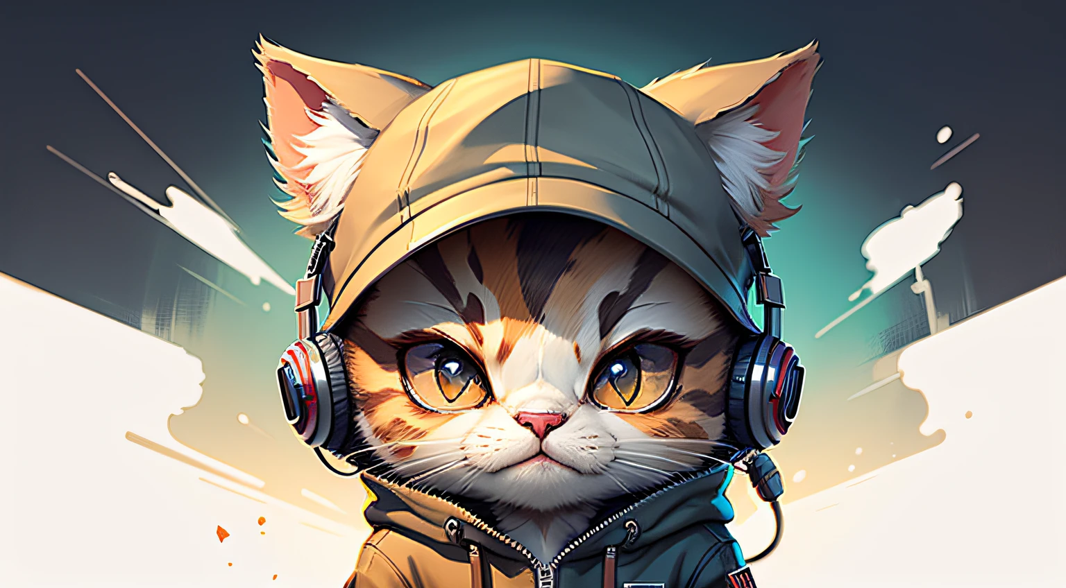 Perfect centering, A cute kitten all over, Wear a student jacket, Wearing sunglasses, Wearing headphones, Standing position, Abstract beauty, Centered, Looking at the camera, Facing the camera, nearing perfection, Dynamic, Moonlight, Highly detailed, Digital painting, art  stations, concept-art, smooth, Sharp focus, 8K, high definition resolution, illustration, Art by Carne Griffiths and Wadim Kashin, White background