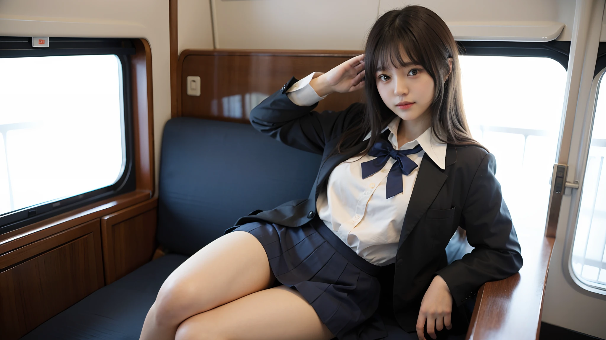 Low angle shot,arafed asian woman in a short skirt and bow tie sitting on a train, cute schoolgirl, japanese girl school uniform, wearing japanese school uniform, japanese school uniform, a hyperrealistic schoolgirl, dressed as schoolgirl, hyperrealistic schoolgirl, wearing school uniform, realistic schoolgirl, girl wearing uniform, wearing a school uniform, of a schoolgirl posing, full body, nice skin, glowing skin, nice thighs,glowing thigh, glowing legs